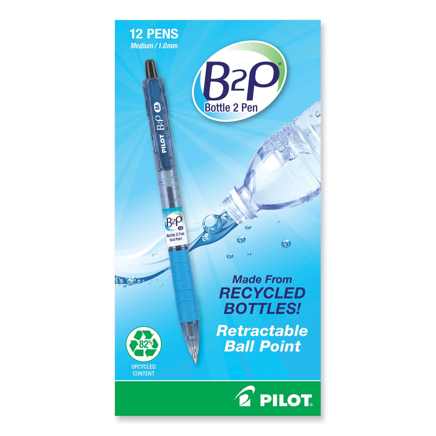 B2P Bottle-2-Pen Recycled Ballpoint Pen, Retractable, Medium 1 mm, Black Ink, Translucent Blue Barrel, Dozen -