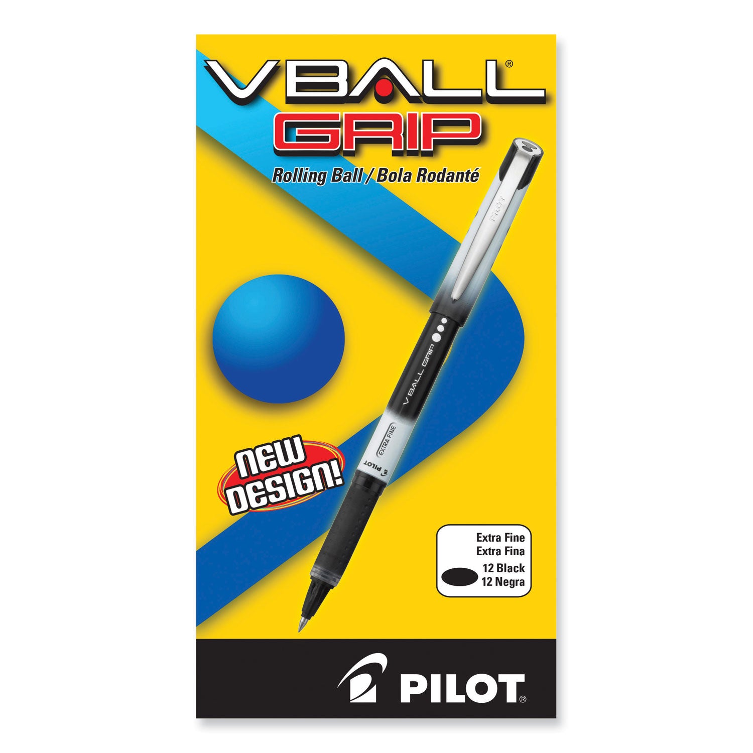 VBall Grip Liquid Ink Roller Ball Pen, Stick, Extra-Fine 0.5 mm, Black Ink, Black/White Barrel, Dozen -