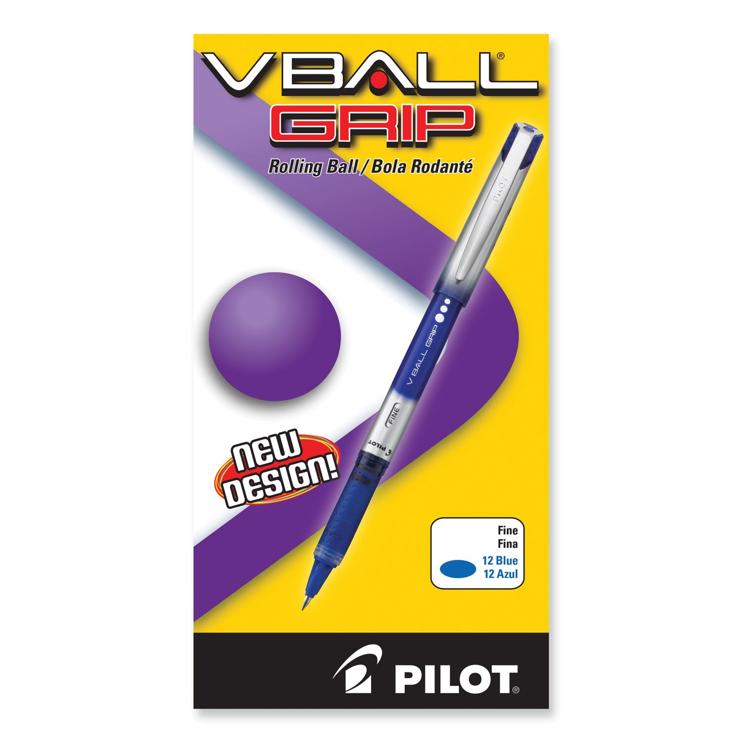 VBall Grip Liquid Ink Roller Ball Pen, Stick, Fine 0.7 mm, Blue Ink, Blue/Silver Barrel, Dozen -