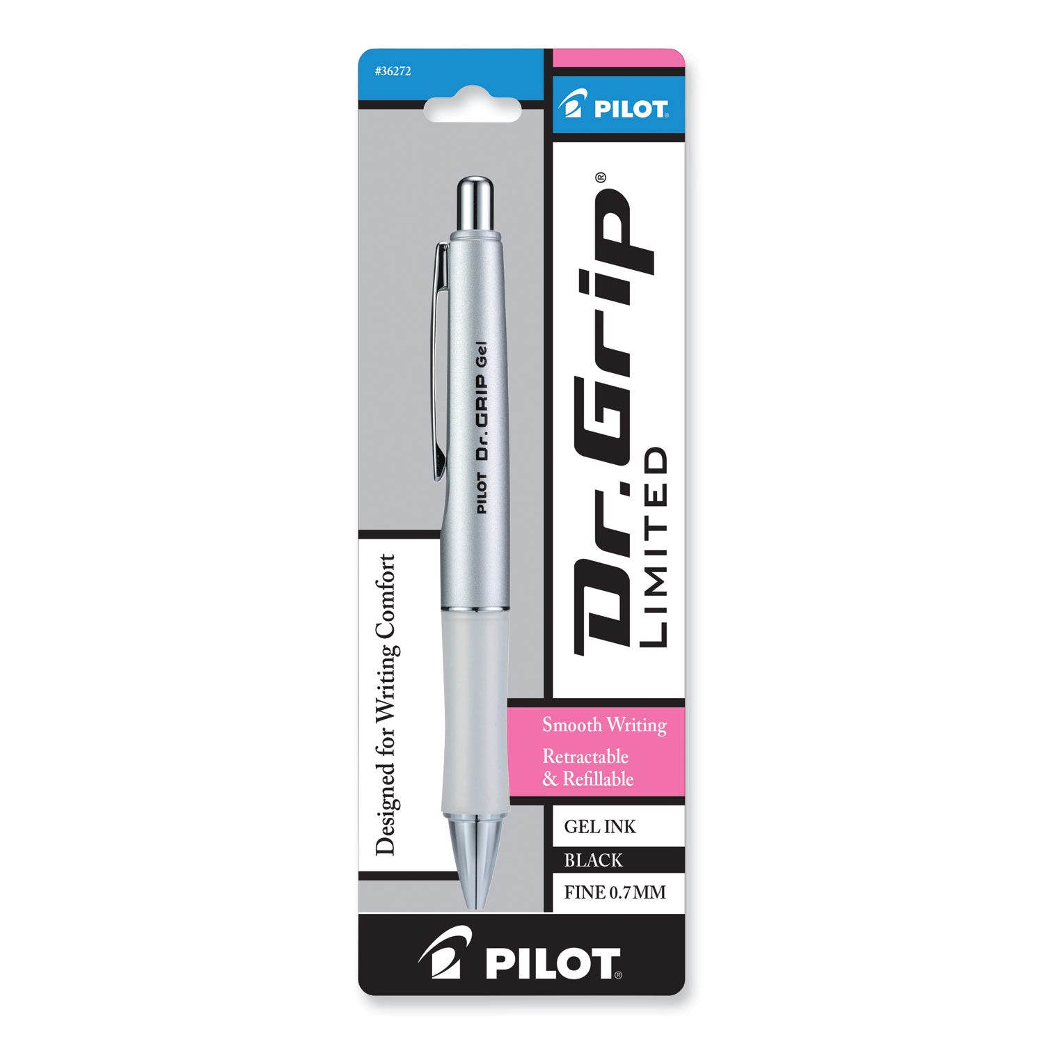 Dr. Grip Limited Gel Pen, Retractable, Fine 0.7 mm, Black Ink, Platinum Barrel -