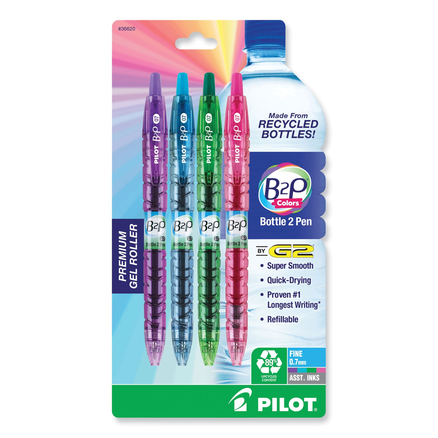B2P Bottle-2-Pen Recycled Gel Pen, Retractable, Fine 0.7 mm, Assorted Ink and Barrel Colors, 4/Pack -