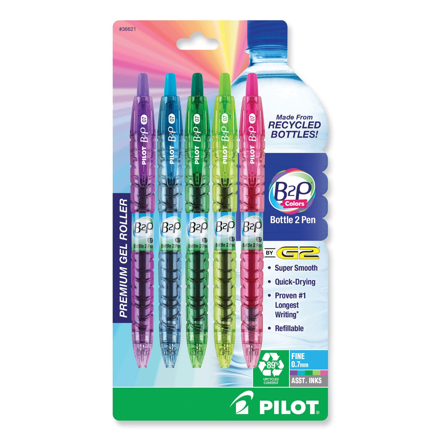 B2P Bottle-2-Pen Recycled Gel Pen, Retractable, Fine 0.7 mm, Assorted Ink and Barrel Colors, 5/Pack -