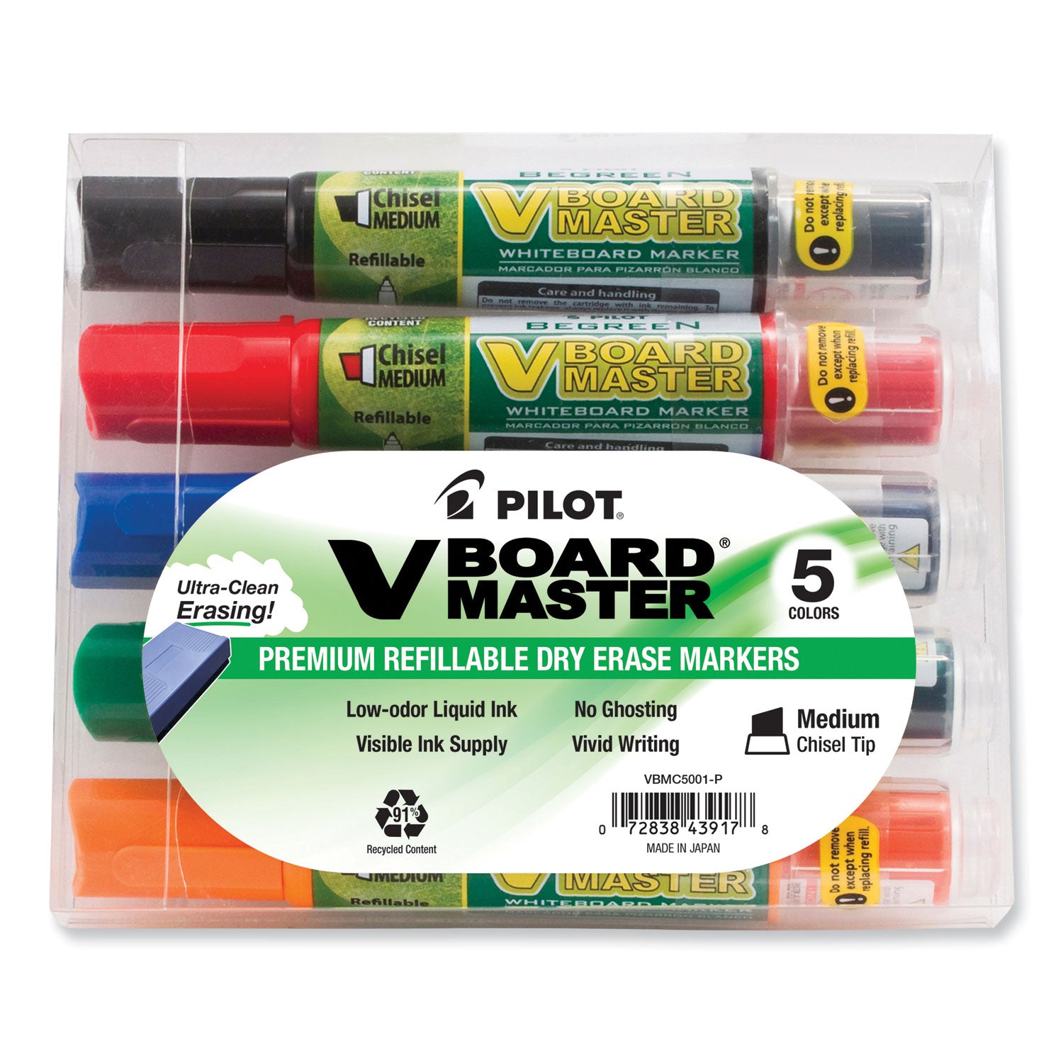 BeGreen V Board Master Dry Erase Marker, Medium Chisel Tip, Assorted Colors, 5/Pack -