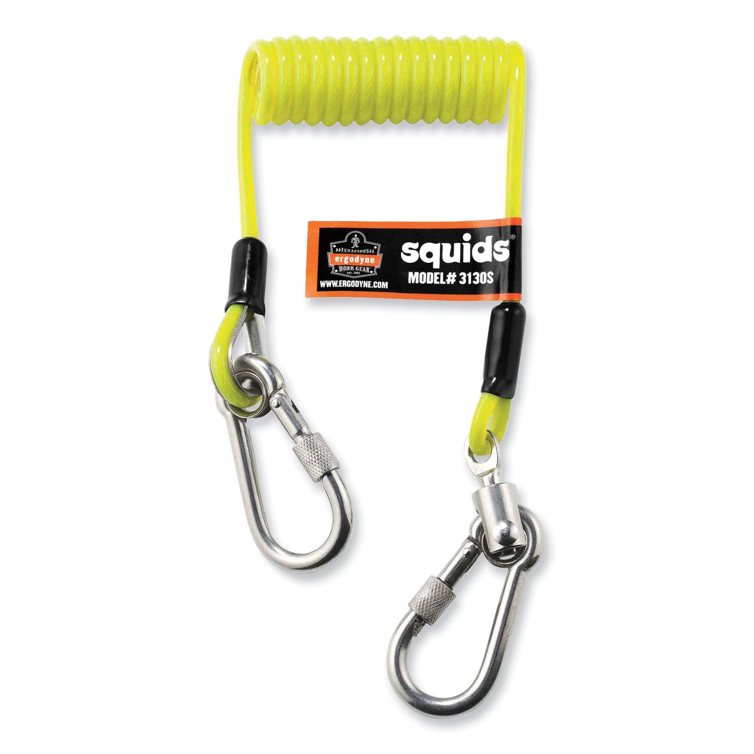 Squids 3130S Coiled Cable Lanyard with Carabiners, 2 lb Max Working Capacity, 6.5" to 48", Lime, Ships in 1-3 Business Days - 1