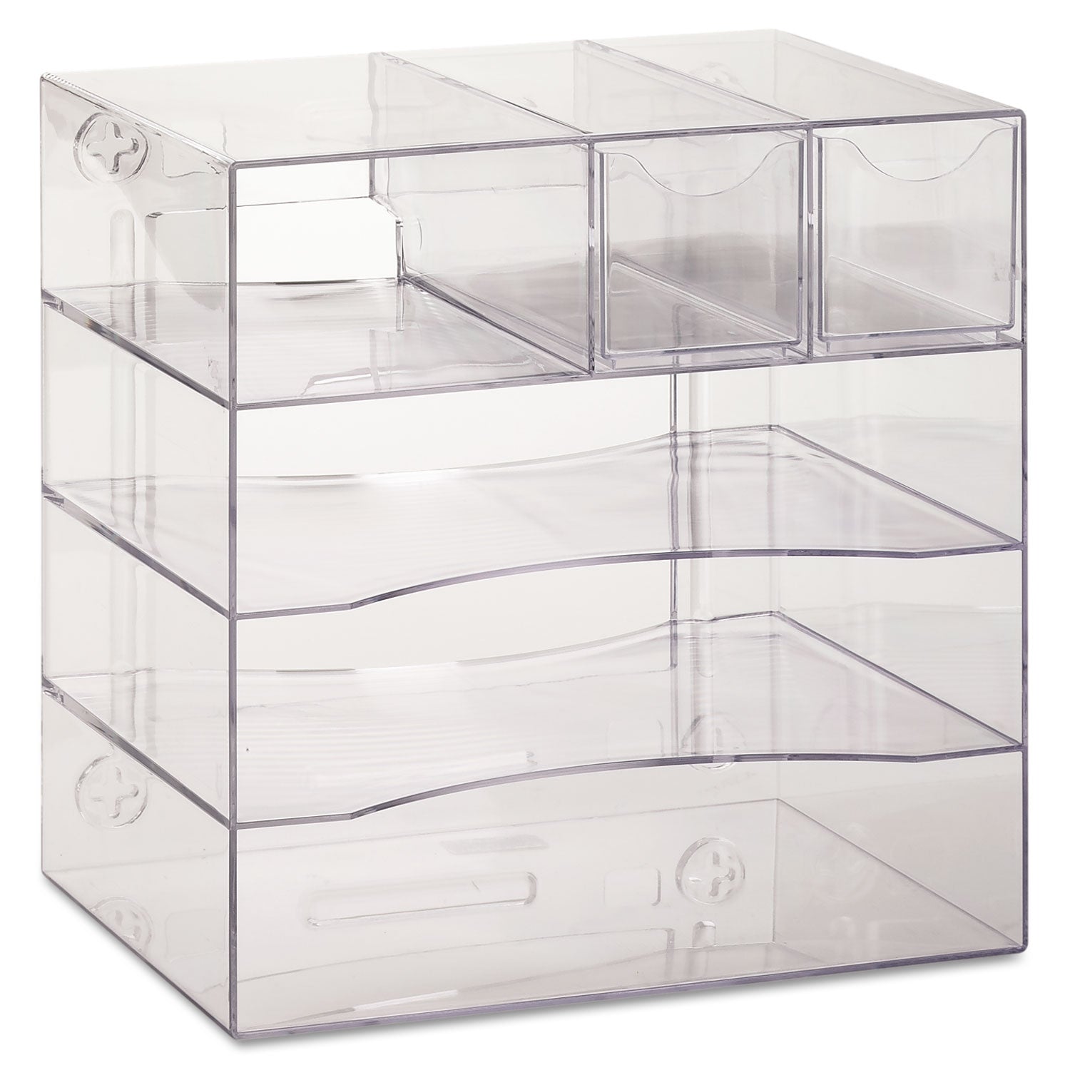 Optimizers Four-Way Organizer with Drawers, 6 Compartments, 2 Drawers, Plastic, 10 x 13.25 x 13.25, Clear -