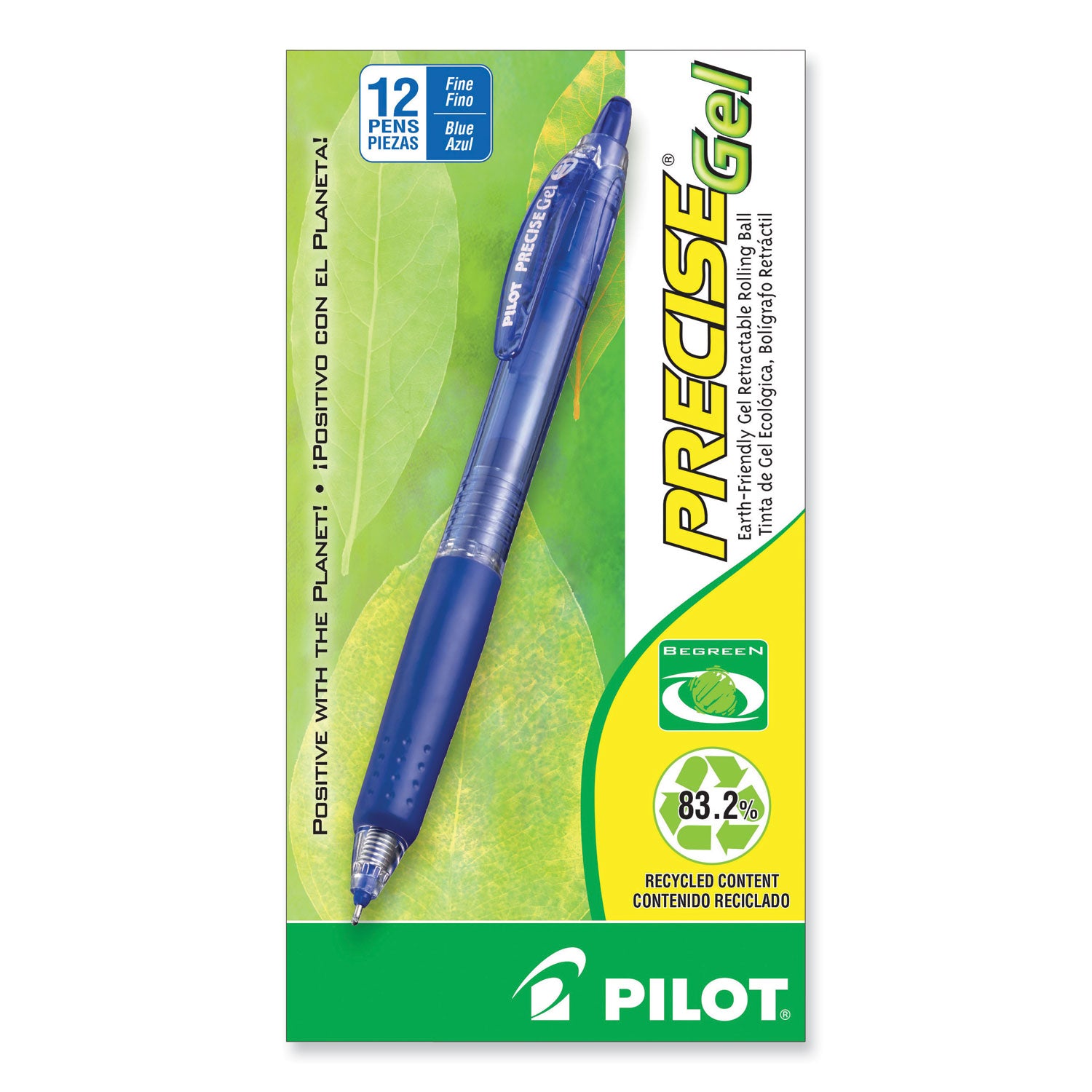 Precise Gel BeGreen Gel Pen, Retractable, Fine 0.7 mm, Blue Ink, Translucent Blue Barrel, Dozen -