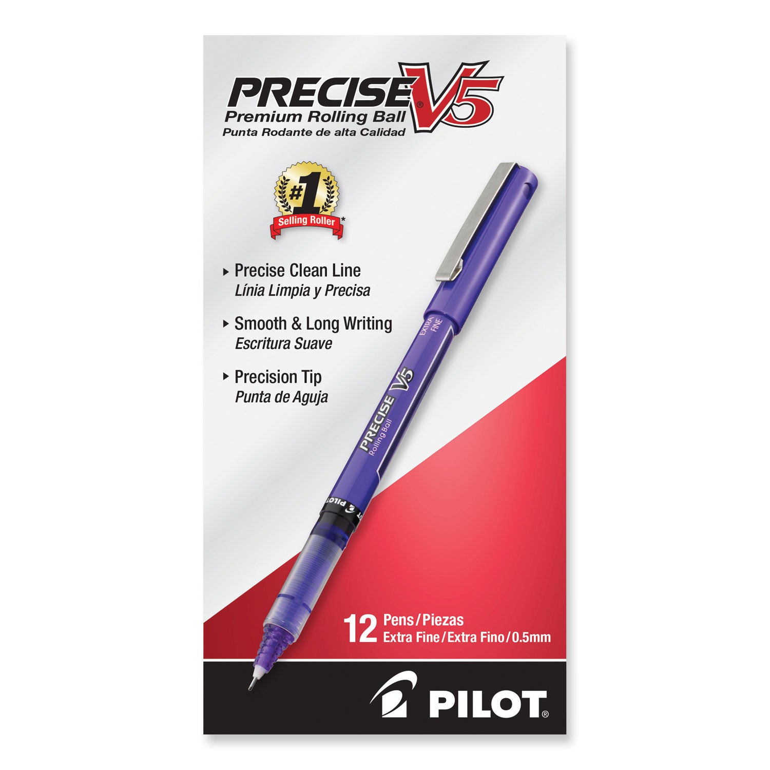 Precise V5 Roller Ball Pen, Stick, Extra-Fine 0.5 mm, Purple Ink, Purple/Clear Barrel, Dozen -