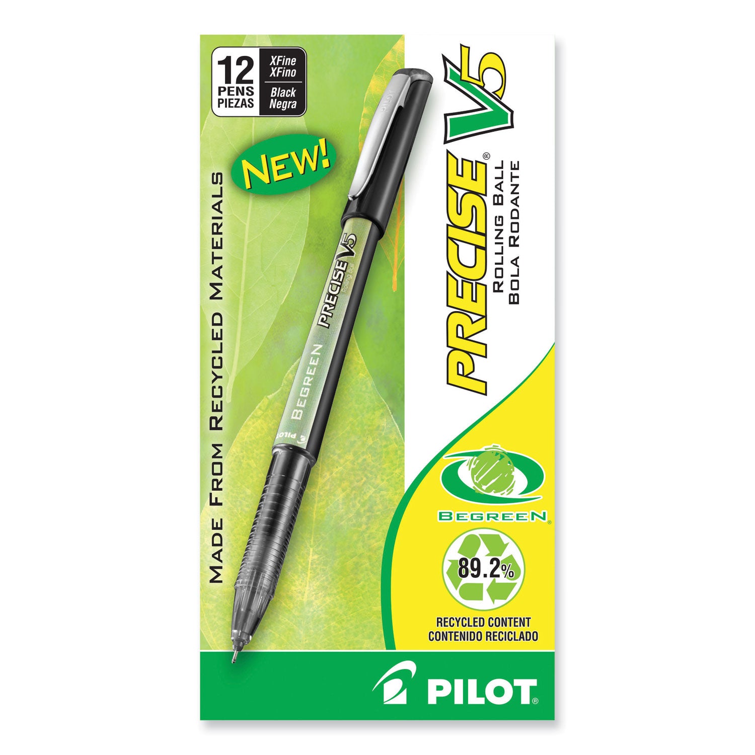 Precise V5 BeGreen Roller Ball Pen, Stick, Extra-Fine 0.5 mm, Black Ink, Black Barrel, Dozen -