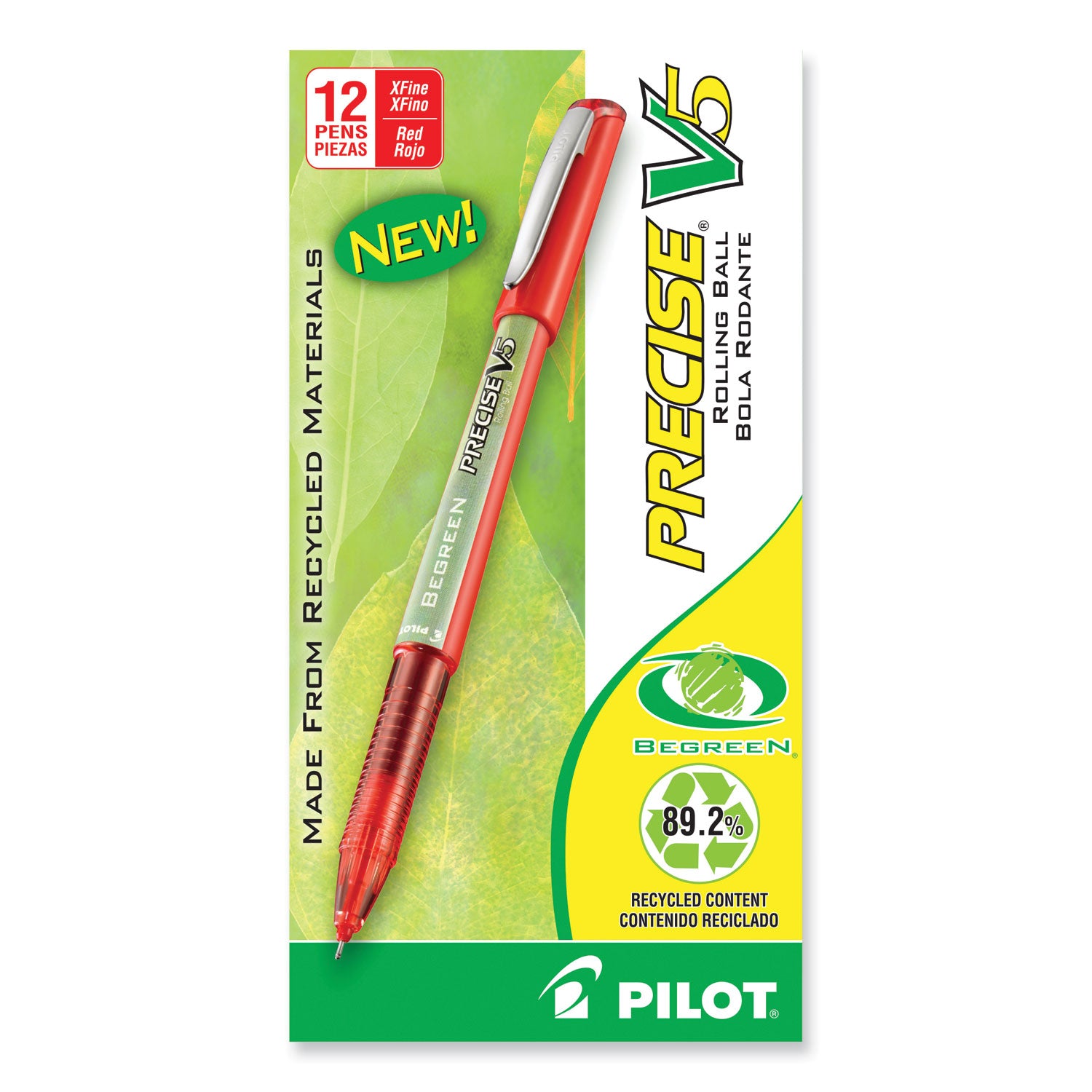 Precise V5 BeGreen Roller Ball Pen, Stick, Extra-Fine 0.5 mm, Red Ink, Red Barrel, Dozen -