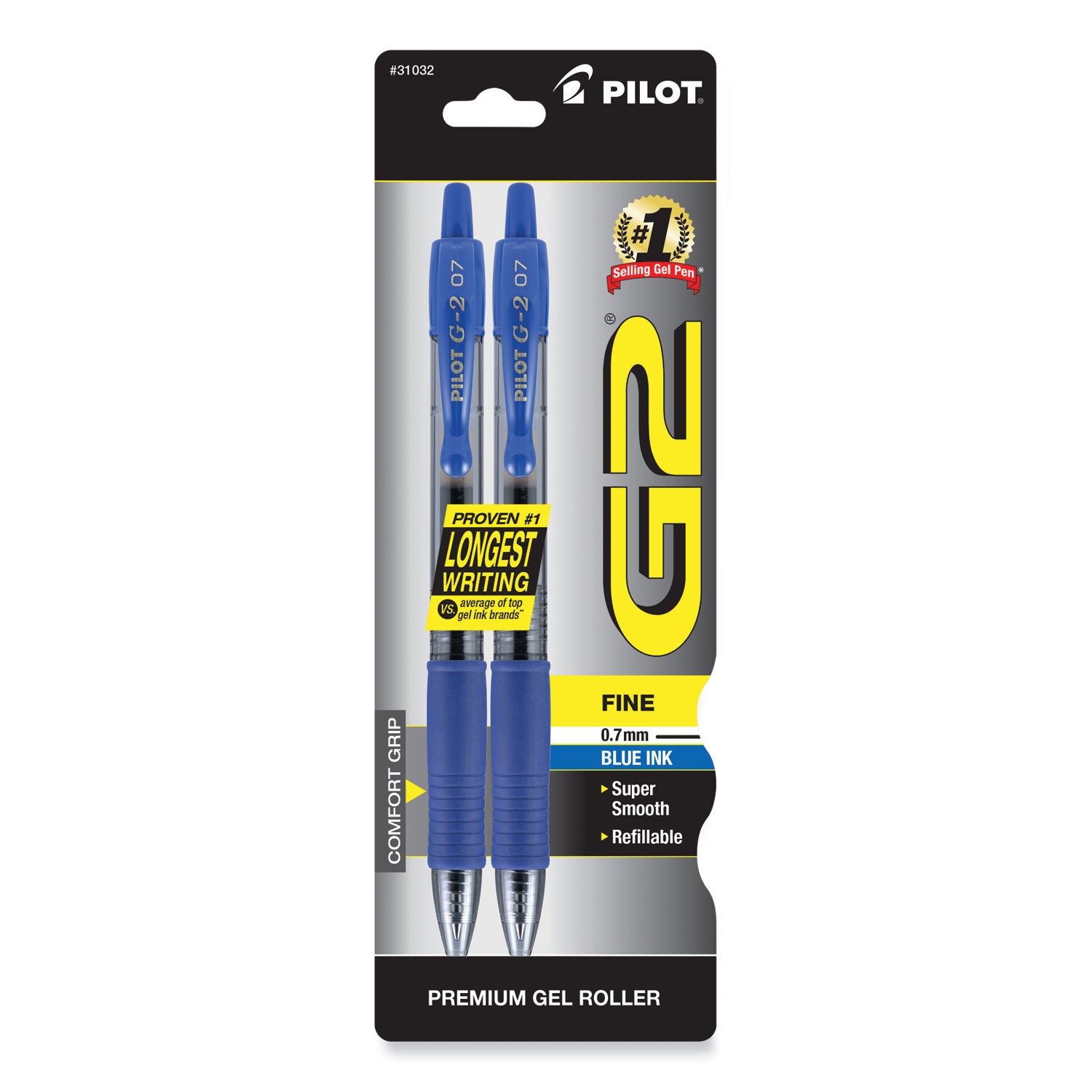 G2 Premium Gel Pen, Retractable, Fine 0.7 mm, Blue Ink, Smoke/Blue Barrel, 2/Pack -