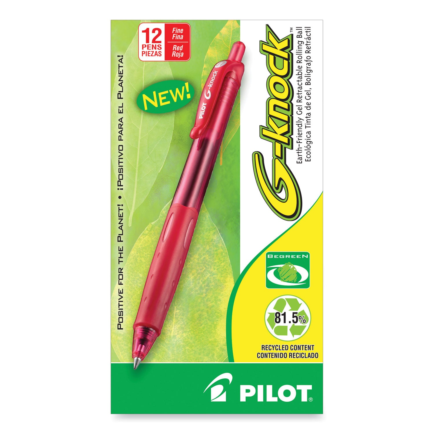 G-Knock BeGreen Gel Pen, Retractable, Fine 0.7 mm, Red Ink, Translucent Red/Red Barrel, Dozen -