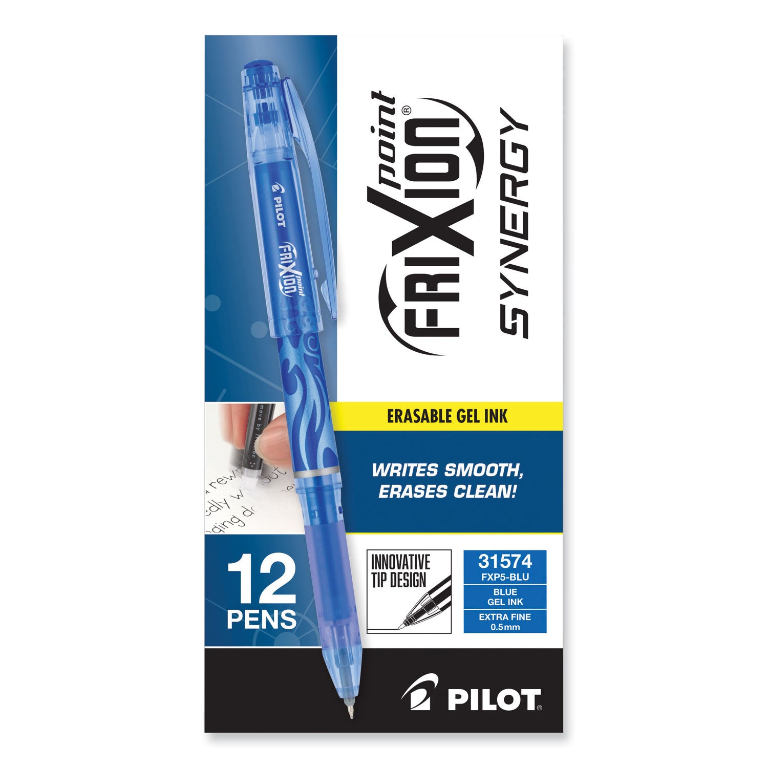 FriXion Point Erasable Gel Pen, Stick, Extra-Fine 0.5 mm, Blue Ink, Blue/Silver/Transparent Blue Barrel -