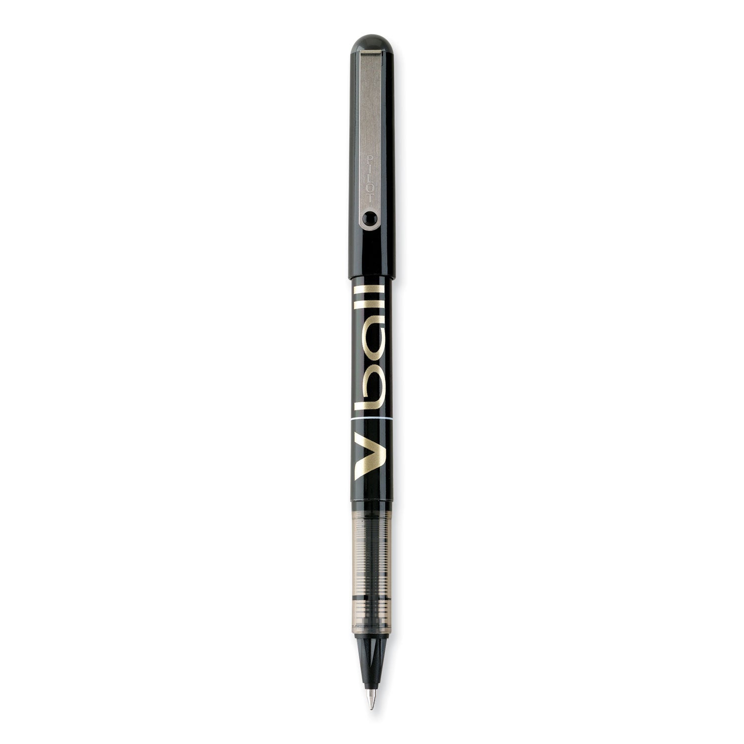 VBall Liquid Ink Roller Ball Pen, Stick, Fine 0.7 mm, Black Ink, Black/Clear Barrel, Dozen -