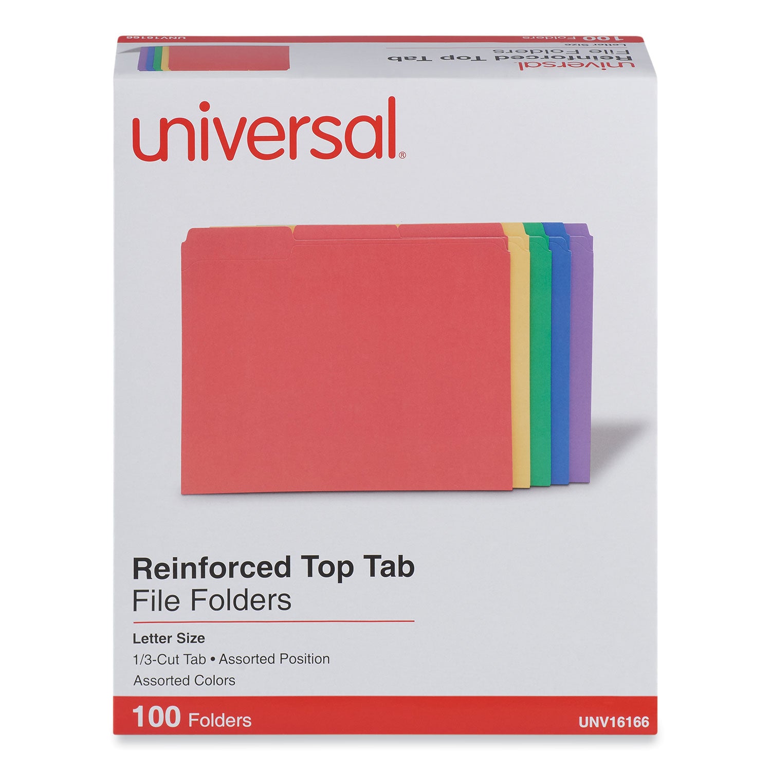 Reinforced Top-Tab File Folders, 1/3-Cut Tabs: Assorted, Letter Size, 1" Expansion, Assorted Colors, 100/Box -