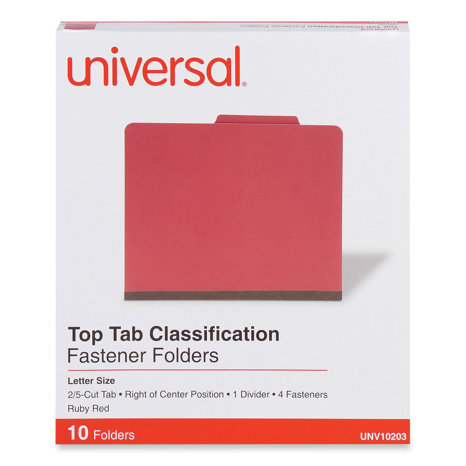 Bright Colored Pressboard Classification Folders, 2" Expansion, 1 Divider, 4 Fasteners, Letter Size, Ruby Red, 10/Box -