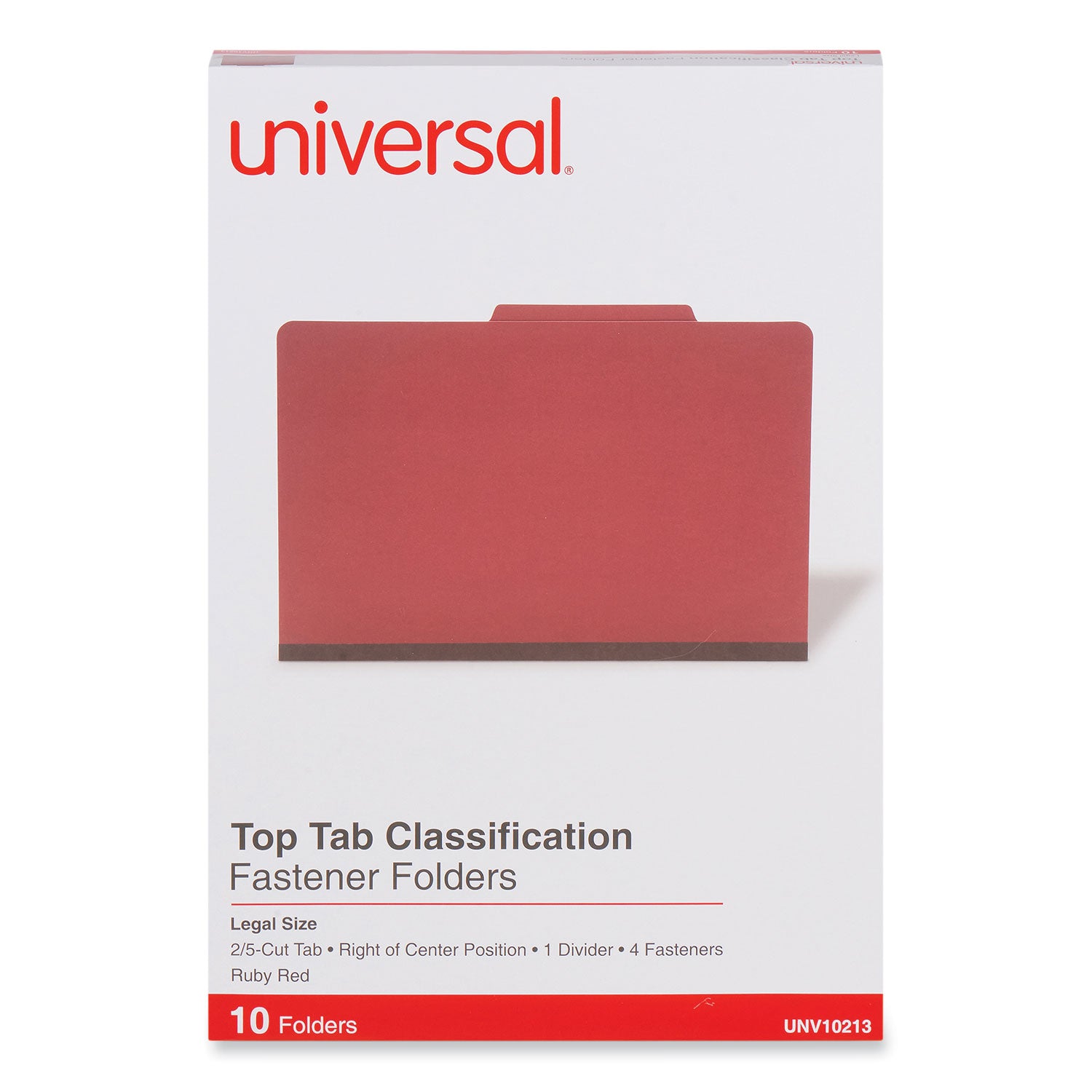 Bright Colored Pressboard Classification Folders, 2" Expansion, 1 Divider, 4 Fasteners, Legal Size, Ruby Red Exterior, 10/Box -