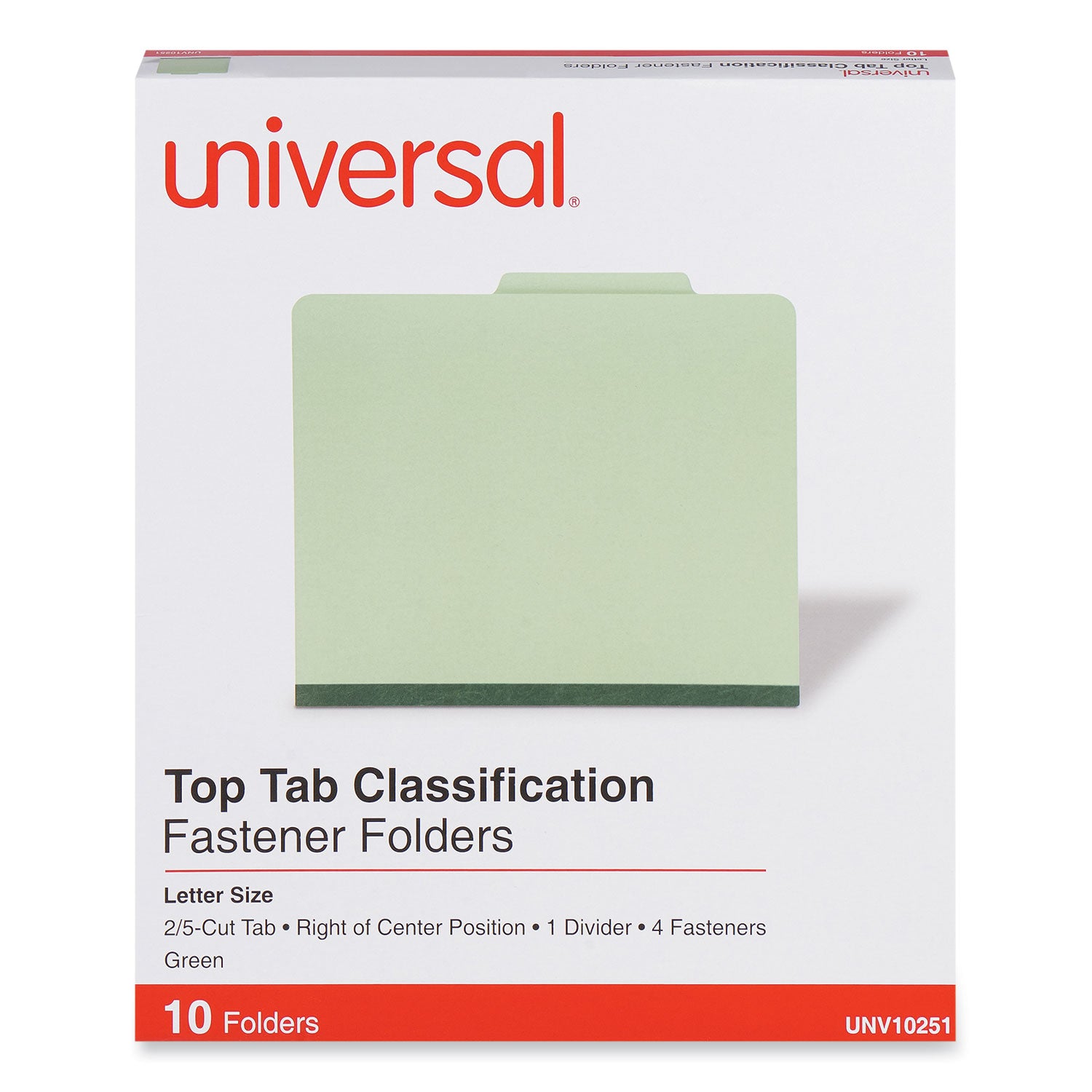 Four-Section Pressboard Classification Folders, 2" Expansion, 1 Divider, 4 Fasteners, Letter Size, Green Exterior, 10/Box -