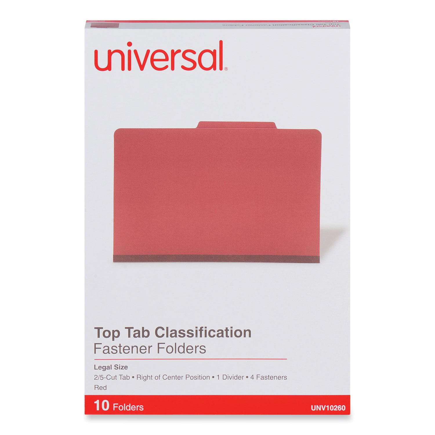 Four-Section Pressboard Classification Folders, 2" Expansion, 1 Divider, 4 Fasteners, Legal Size, Red Exterior, 10/Box -