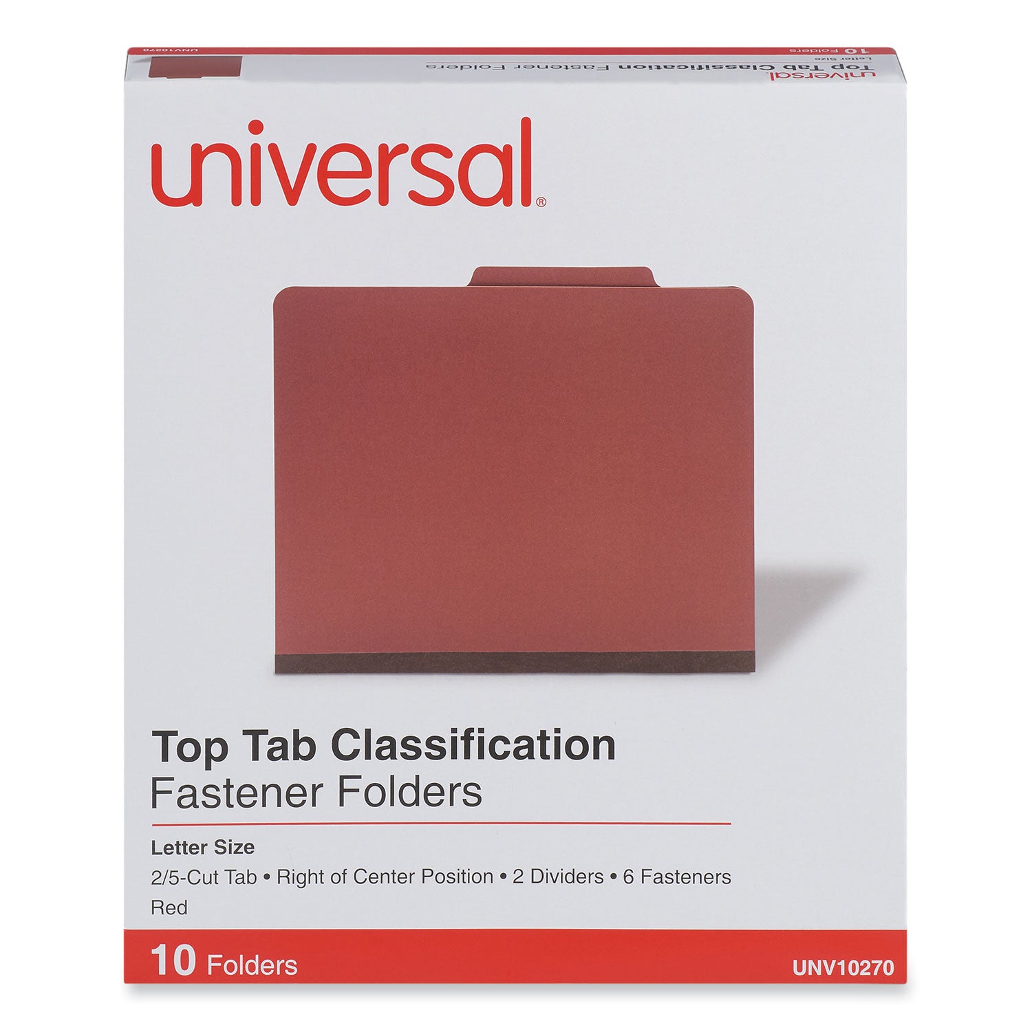 Six-Section Pressboard Classification Folders, 2" Expansion, 2 Dividers, 6 Fasteners, Letter Size, Red Exterior, 10/Box -