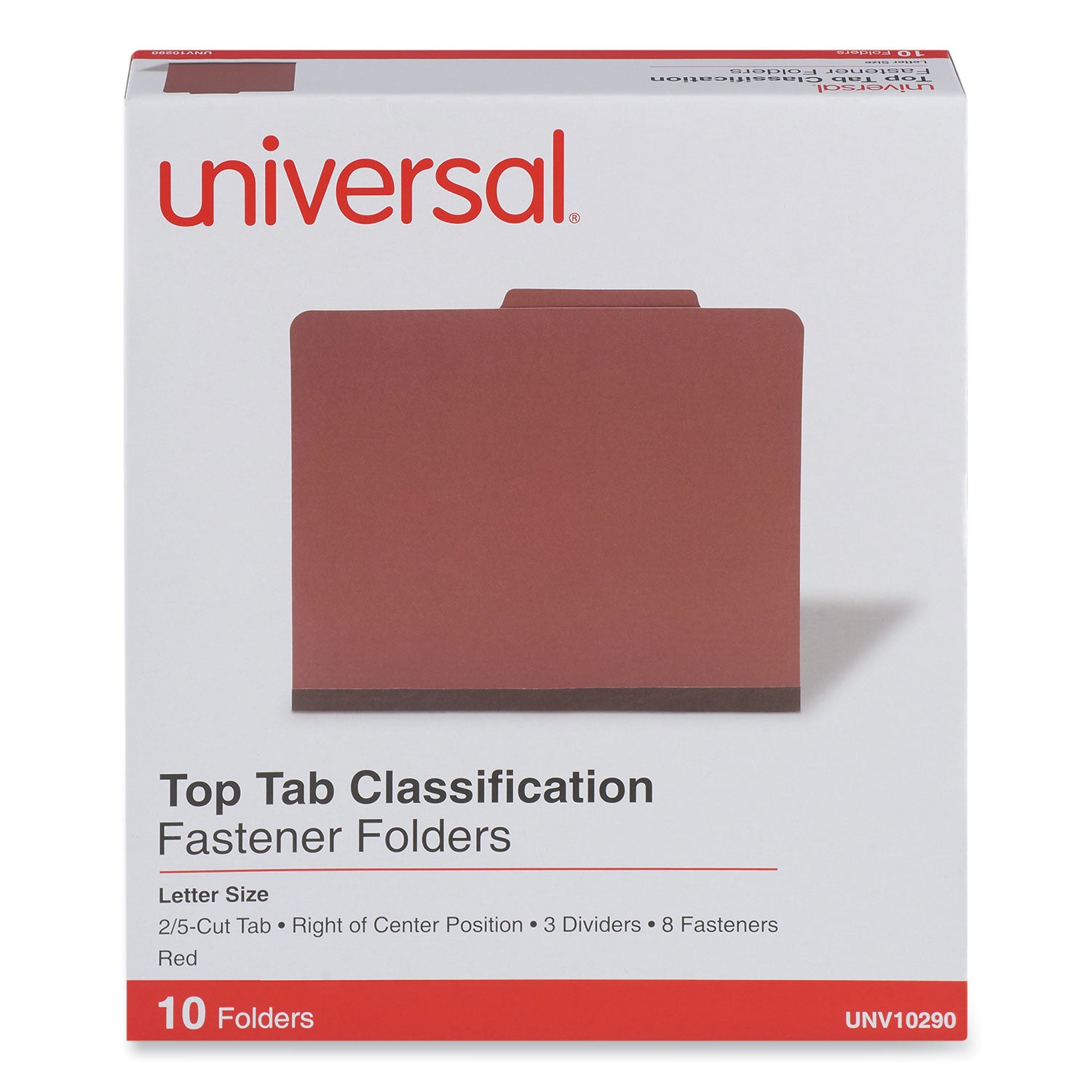 Eight-Section Pressboard Classification Folders, 3" Expansion, 3 Dividers, 8 Fasteners, Letter Size, Red Exterior, 10/Box -