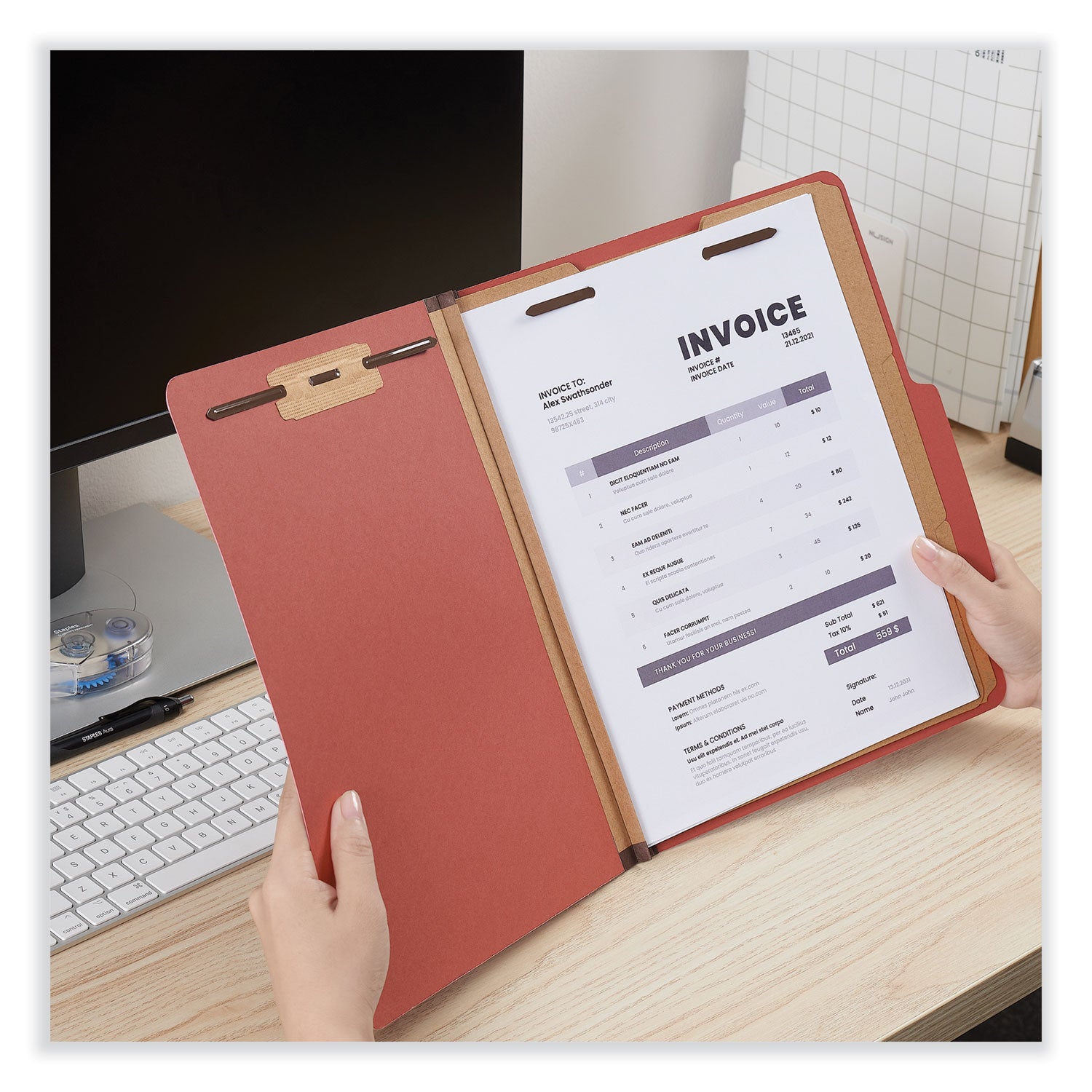 Eight-Section Pressboard Classification Folders, 3" Expansion, 3 Dividers, 8 Fasteners, Letter Size, Red Exterior, 10/Box -