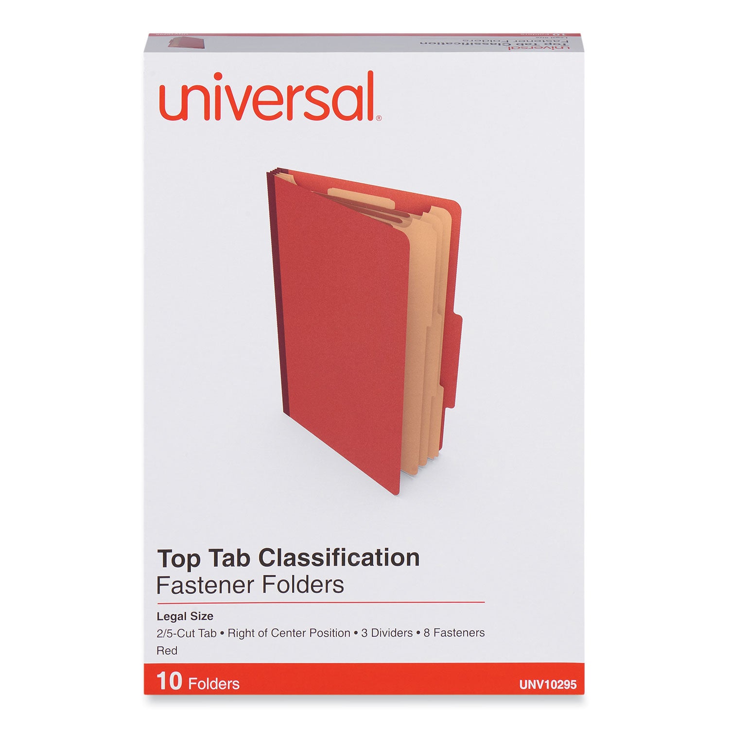 Eight-Section Pressboard Classification Folders, 3" Expansion, 3 Dividers, 8 Fasteners, Legal Size, Red Exterior, 10/Box -