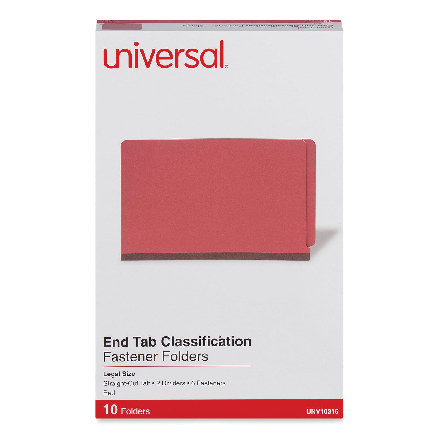 Red Pressboard End Tab Classification Folders, 2" Expansion, 2 Dividers, 6 Fasteners, Legal Size, Red Exterior, 10/Box -