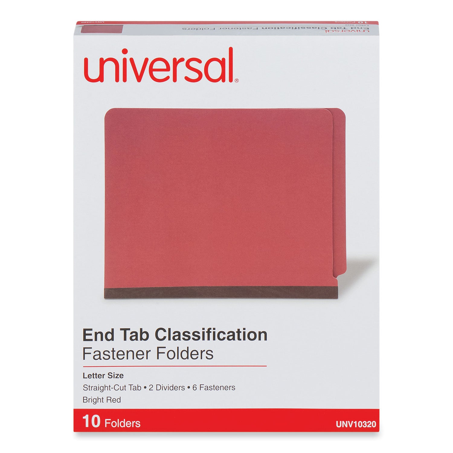 Deluxe Six-Section Pressboard End Tab Classification Folders, 2 Dividers, 6 Fasteners, Letter Size, Bright Red, 10/Box -