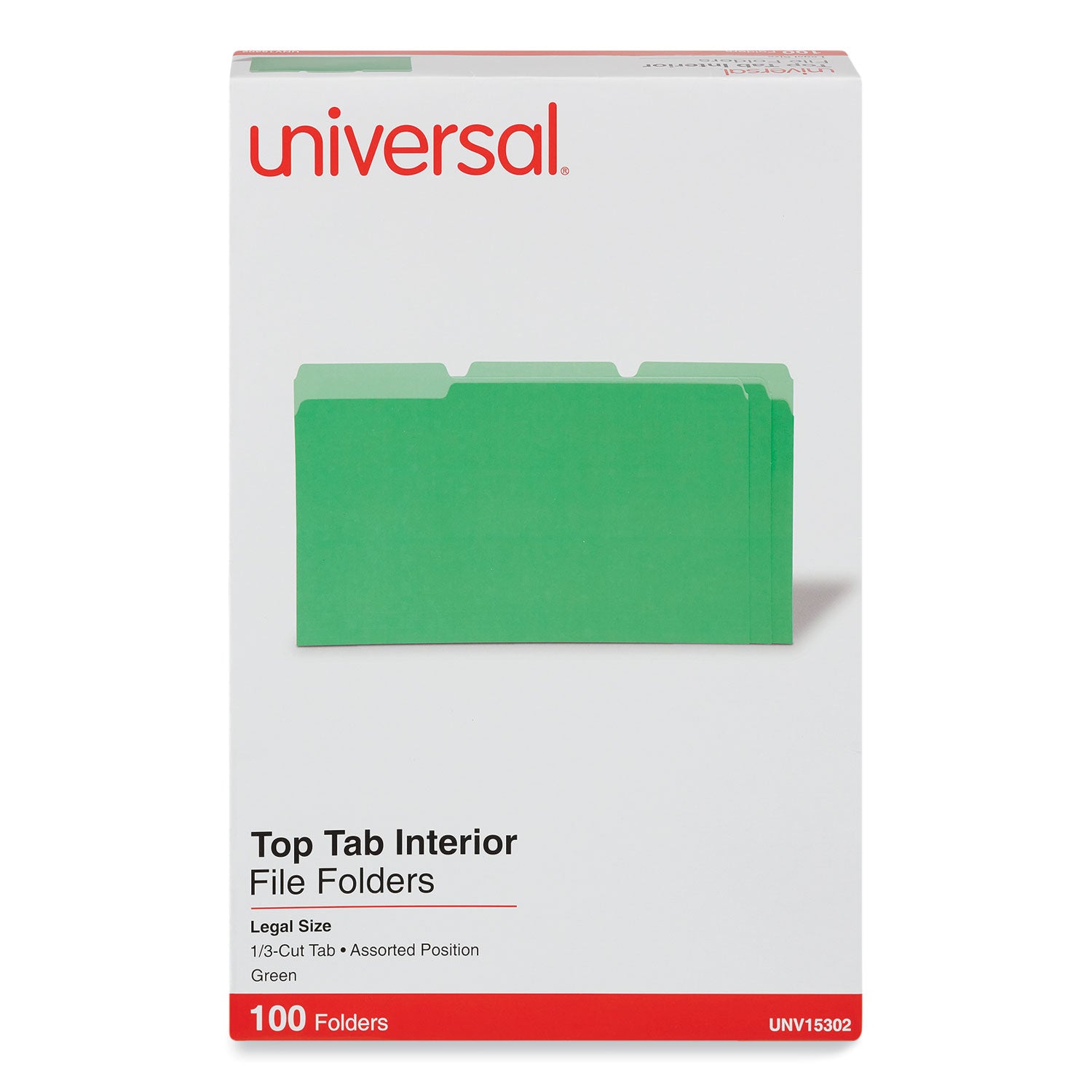Interior File Folders, 1/3-Cut Tabs: Assorted, Legal Size, 11-pt Stock, Green, 100/Box -