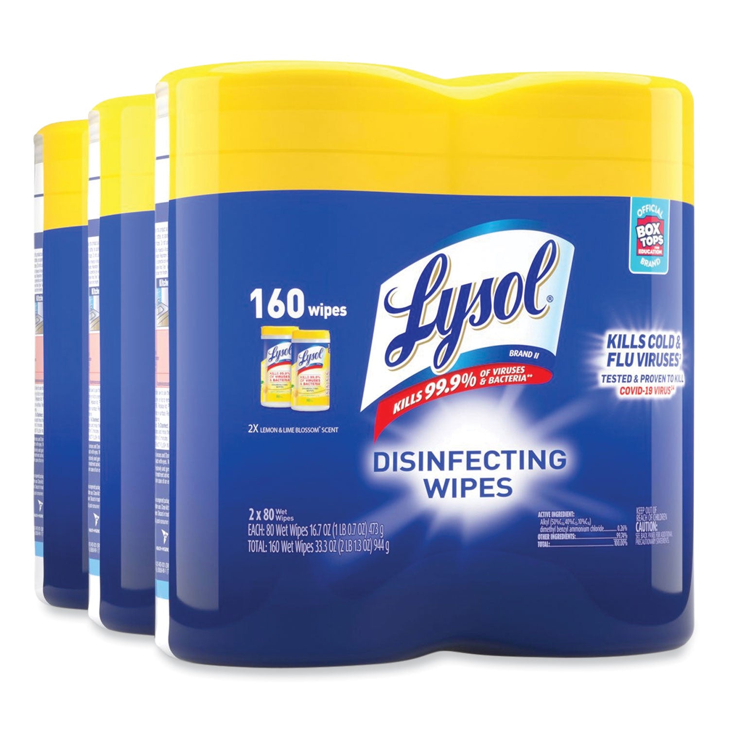 Disinfecting Wipes, 1-Ply, 7 x 7.25, Lemon and Lime Blossom, White, 80 Wipes/Canister, 2 Canisters/Pack, 3 Packs/Carton -