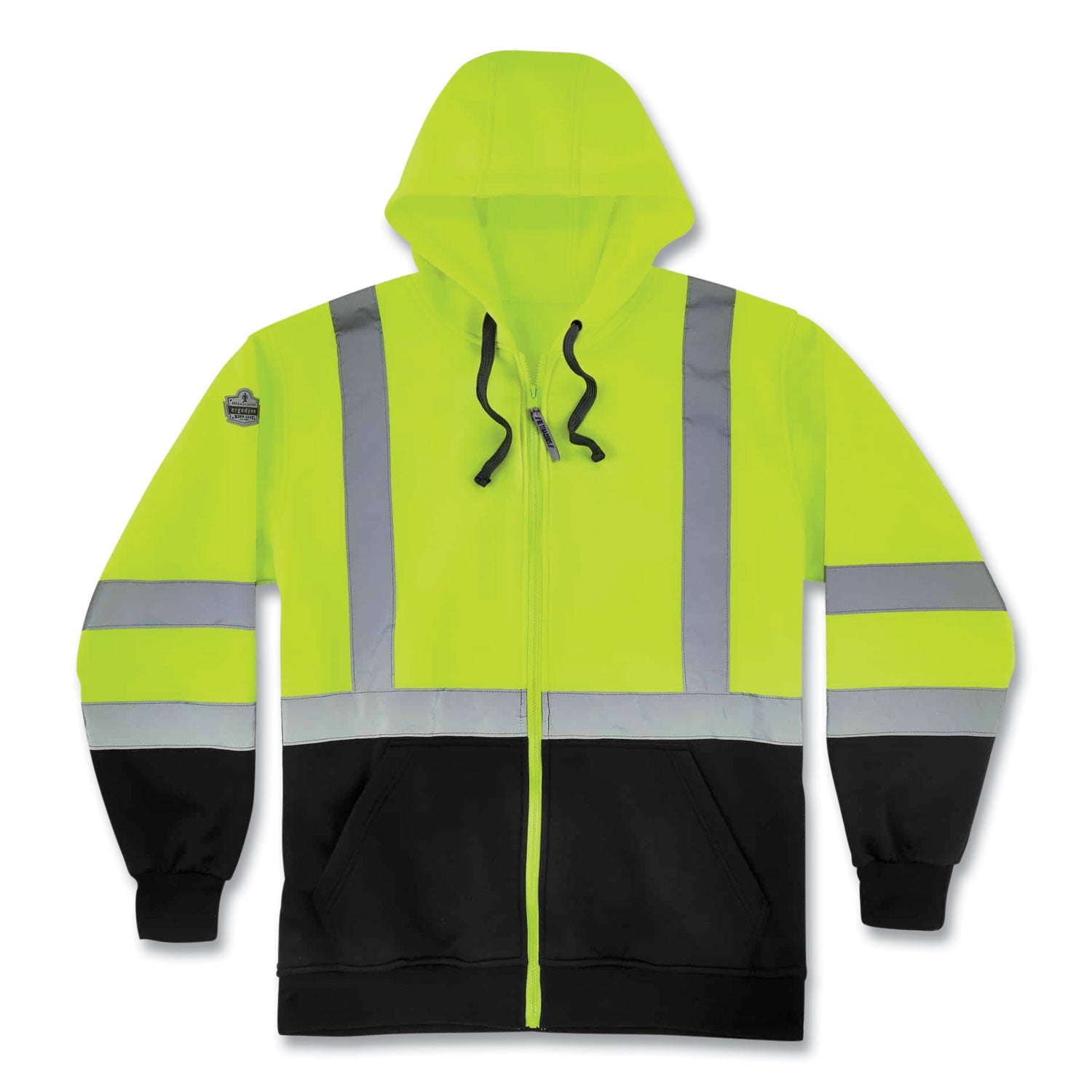 glowear-8372-zipup-hivis-class-3-zip-hood-sweatshirt-w-black-bottom-polar-fleece-lime-medium-ships-in-1-3-business-days_ego21848 - 1