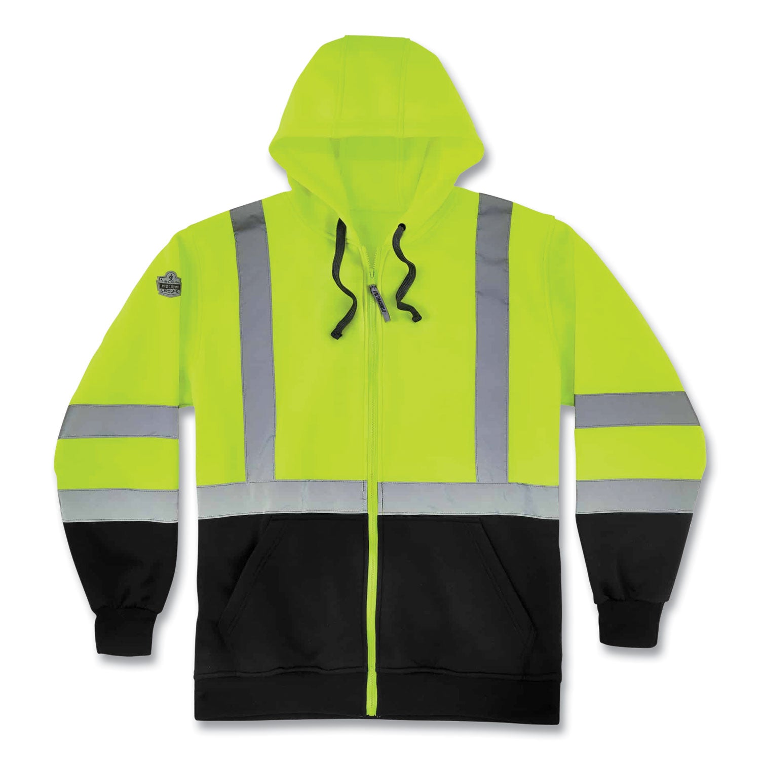 glowear-8372-zipup-hivis-class-3-zip-hood-sweatshirt-w-black-bottom-polar-fleece-lime-medium-ships-in-1-3-business-days_ego21845 - 1