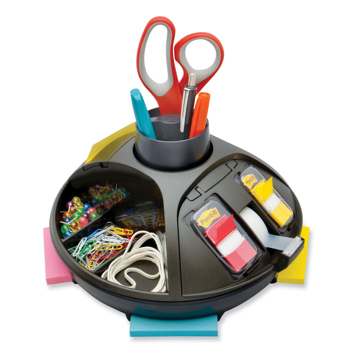 Rotary Self-Stick Notes Dispenser, 14 Compartments, Plastic, 10" Diameter x 6"h, Black -