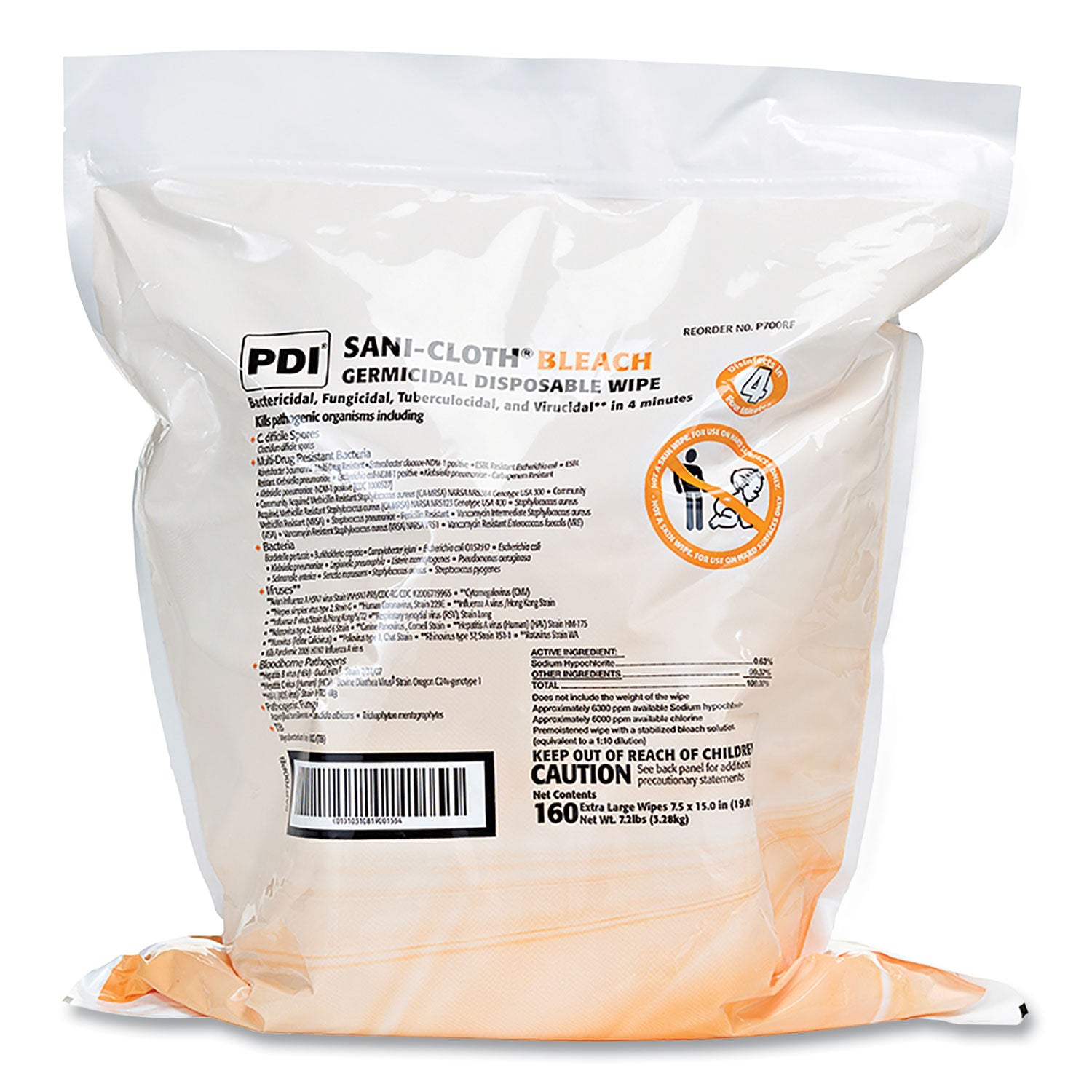 sani-cloth-bleach-germicidal-disposable-wipe-refill-1-ply-75-x-15-unscented-white-160-bag-2-bags-carton_pdip700rf - 1