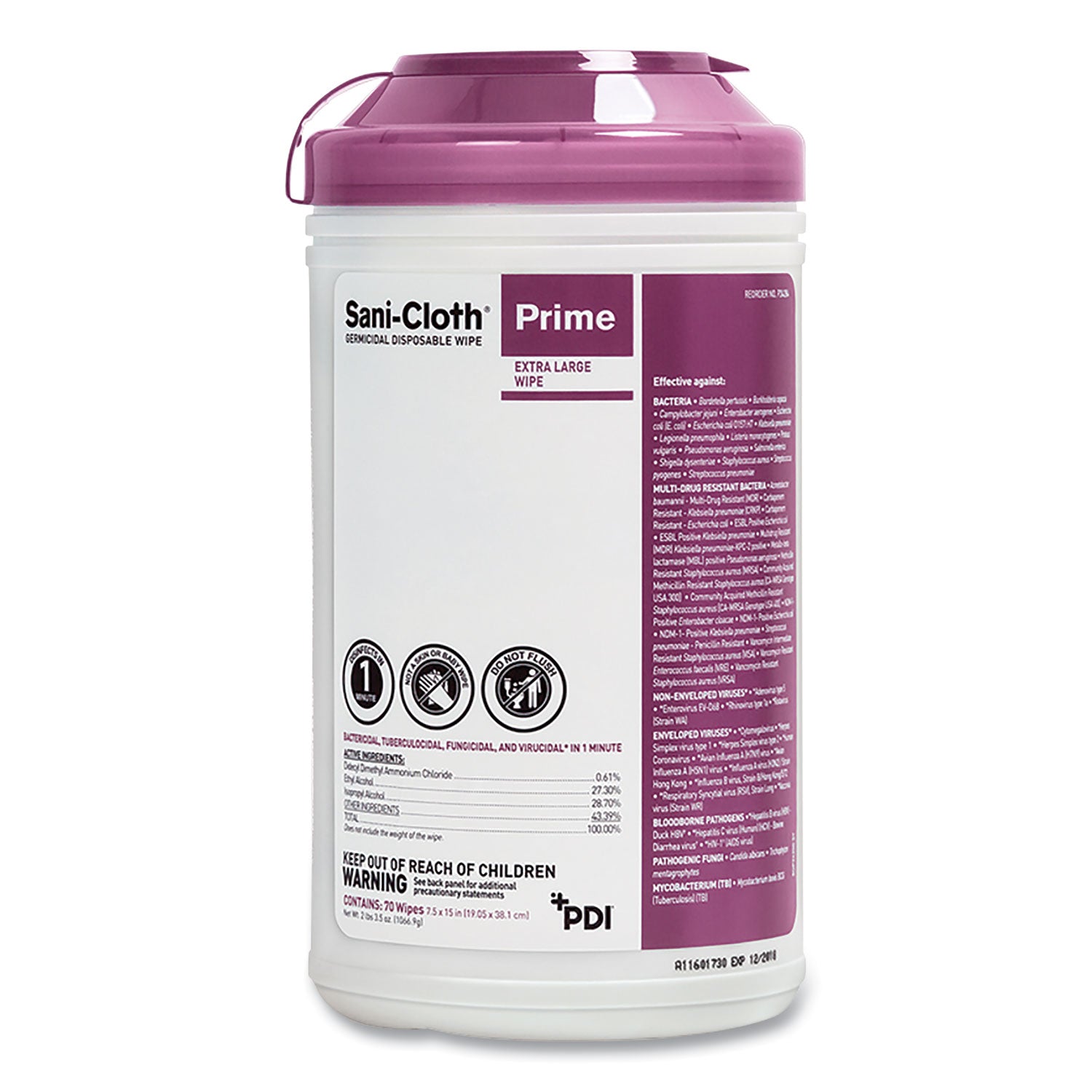 sani-cloth-prime-germicidal-disposable-wipes-extra-large-1-ply-75-x-15-unscented-white-70-canister-6-canisters-carton_pdip24284 - 1