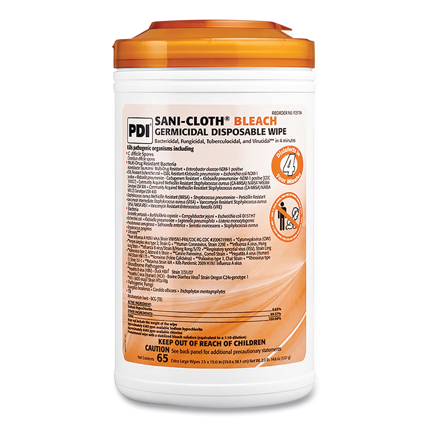 sani-cloth-bleach-germicidal-disposable-wipes-1-ply-75-x-15-unscented-white-65-pack_pdip25784 - 1