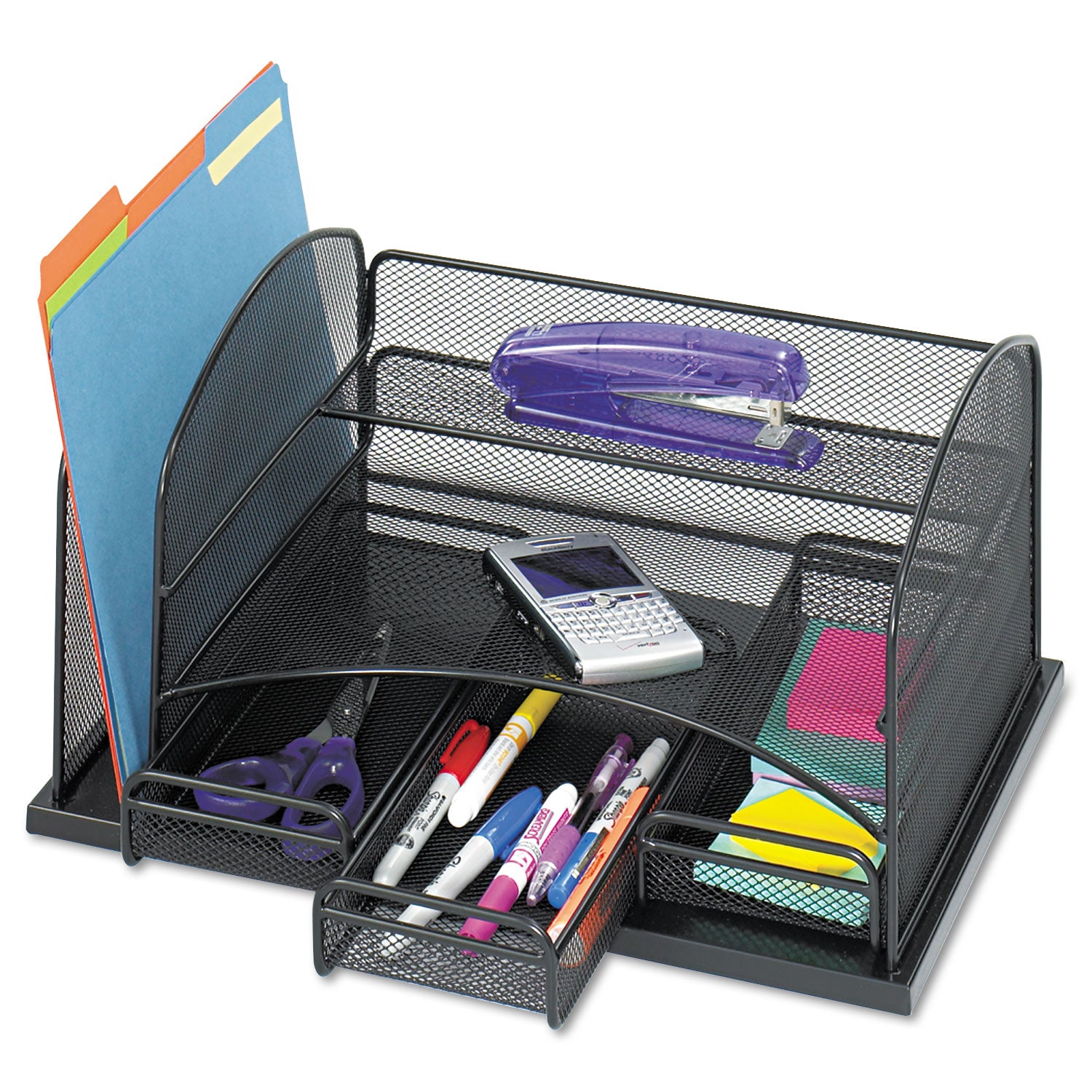 Onyx Organizer with 3 Drawers, 6 Compartments, Steel, 16 x 11.5 x 8.25, Black -