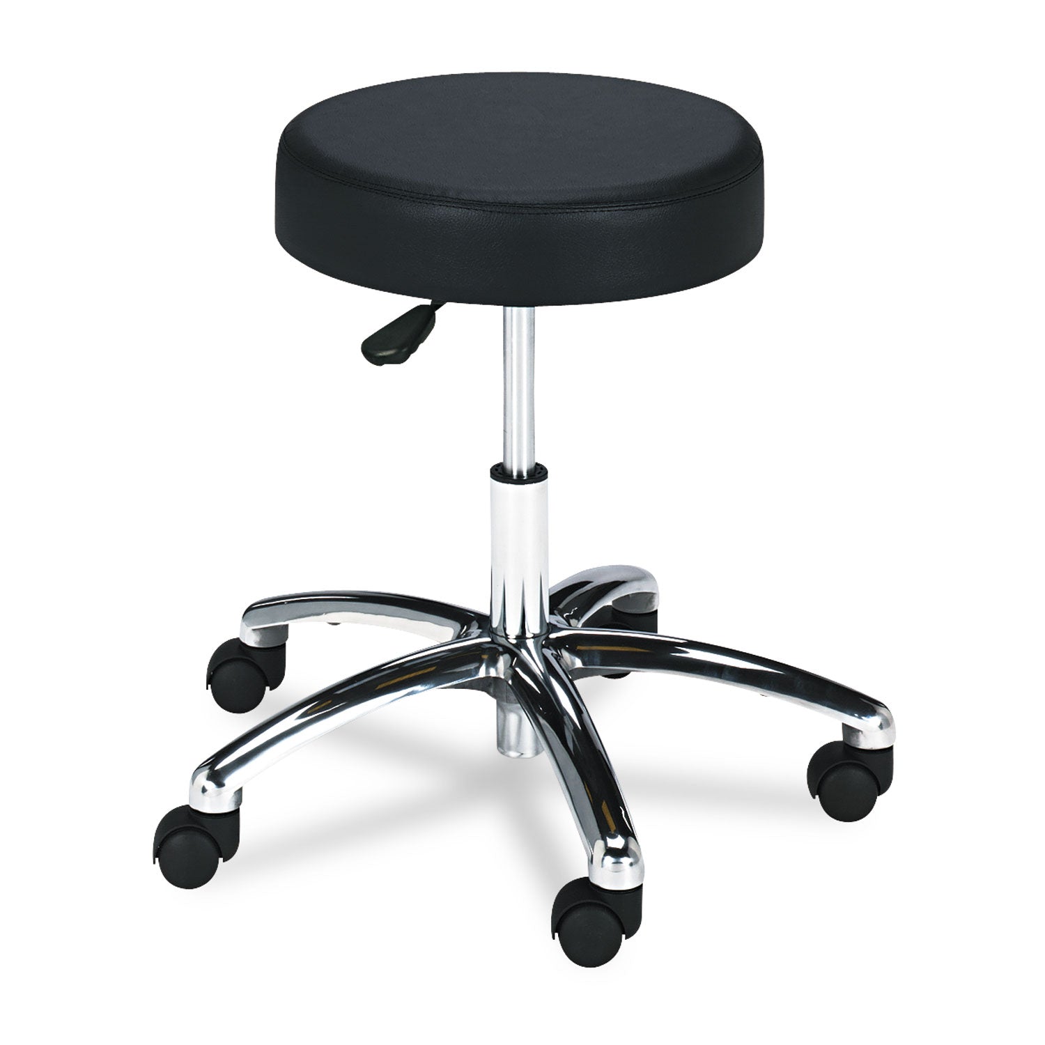 Pneumatic Lab Stool, Backless, Supports Up to 250 lb, 17" to 22" Seat Height, Black Seat, Chrome Base -
