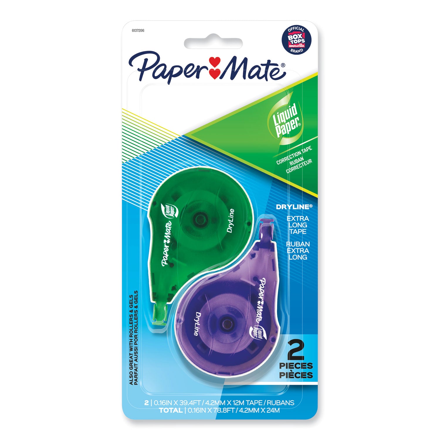 DryLine Correction Tape, Non-Refillable, Green/Purple Applicators, 0.17" x 472", 2/Pack -