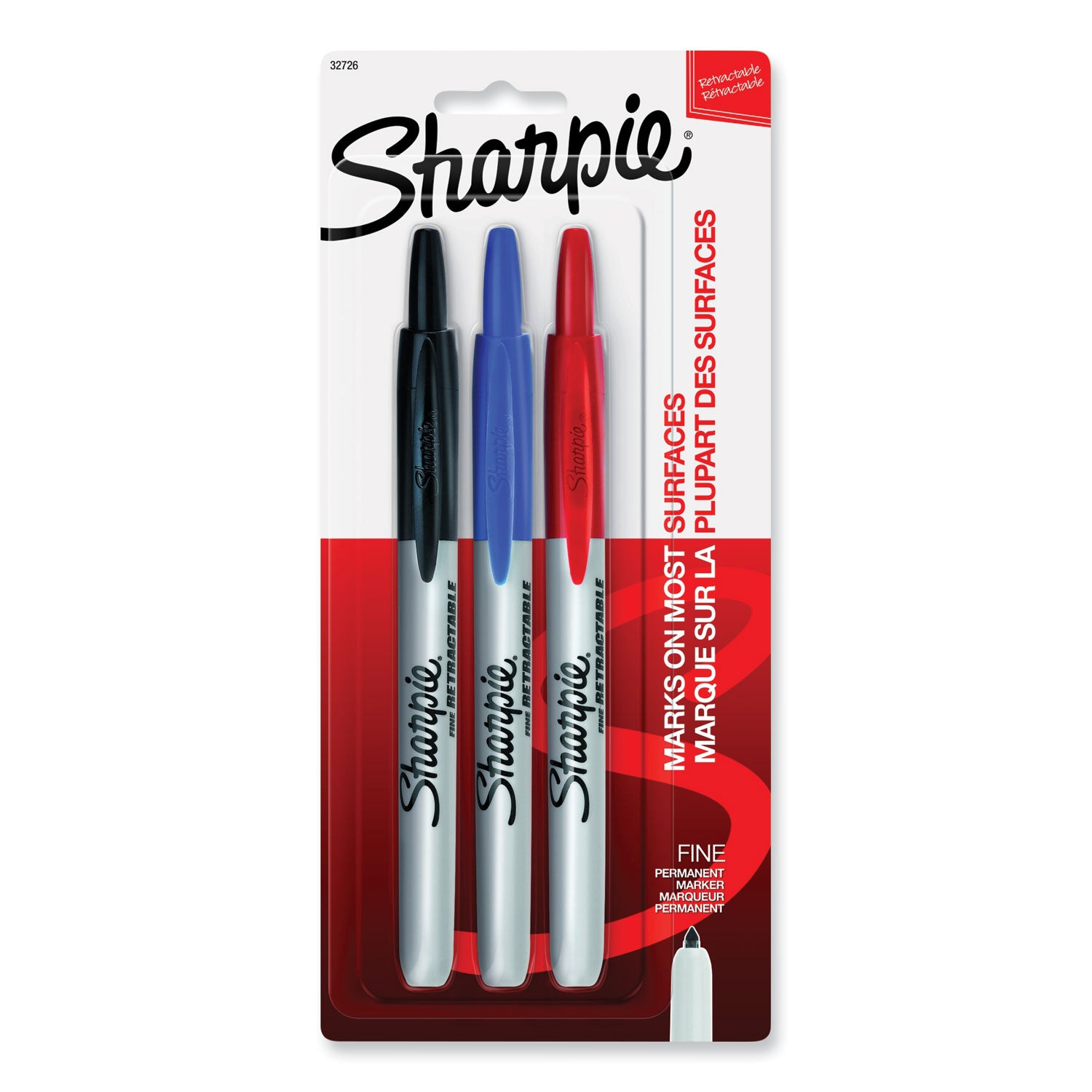 Retractable Permanent Marker, Fine Bullet Tip, Assorted Colors, 3/Set -