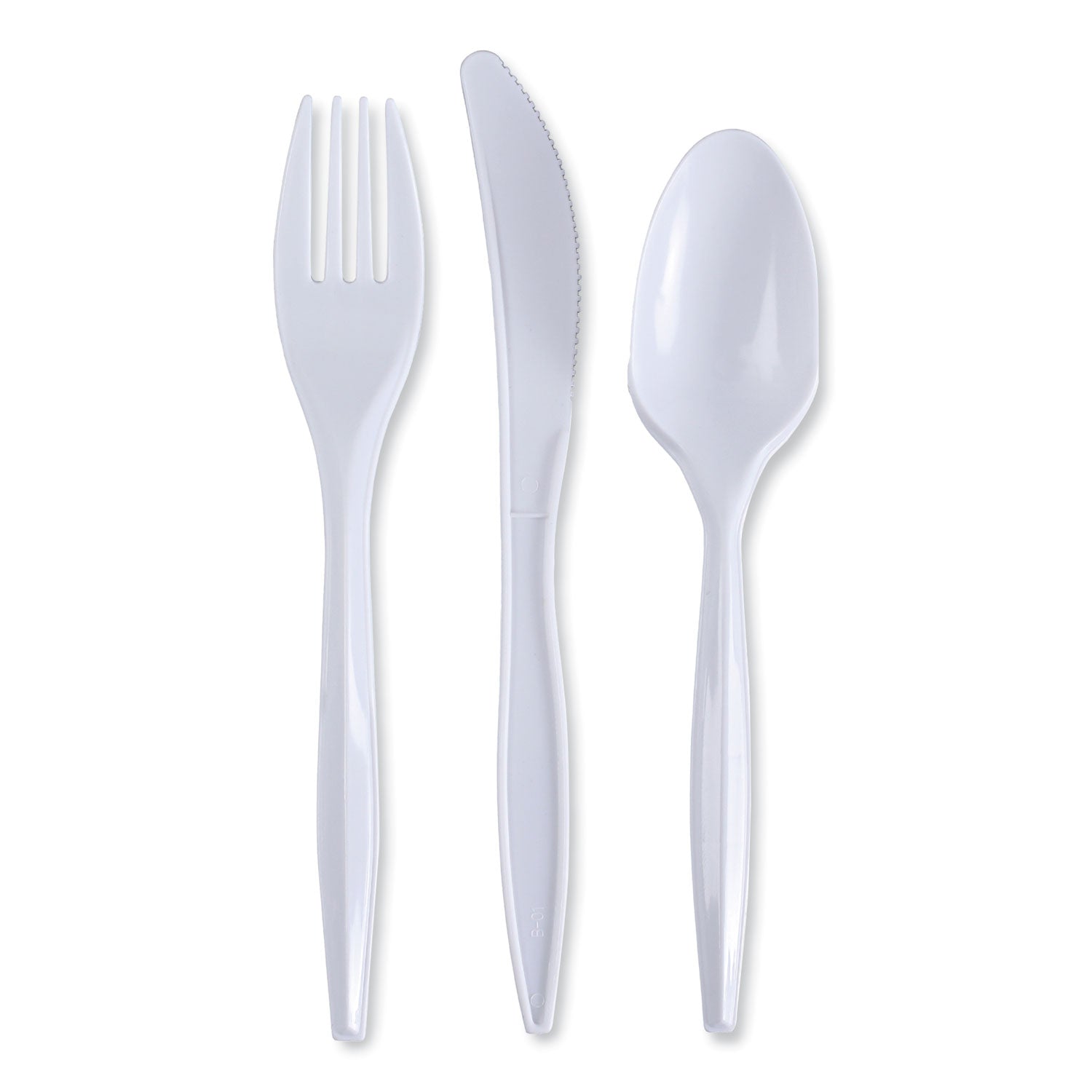 Three-Piece Cutlery Kit, Fork/Knife/Teaspoon, Polypropylene, White, 250/Carton -
