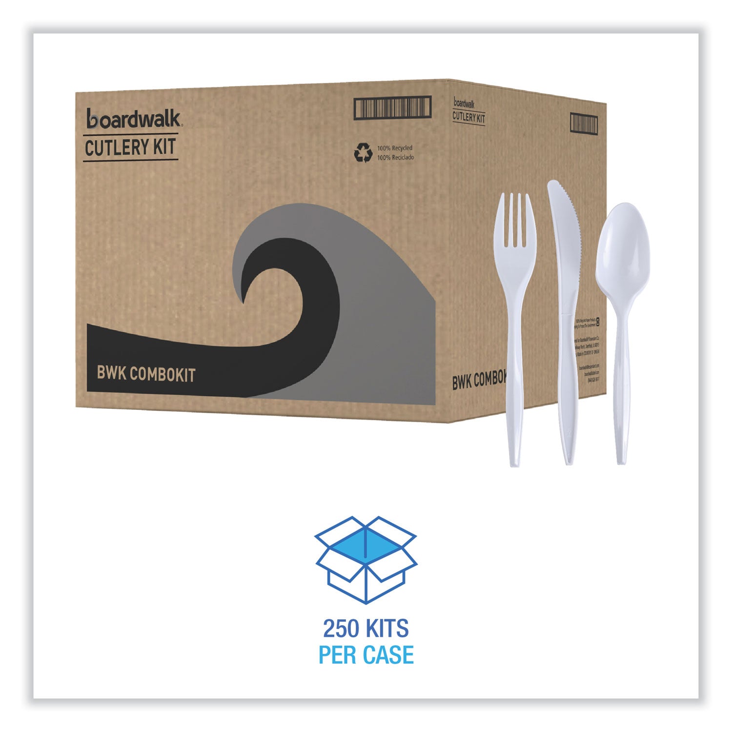 Three-Piece Cutlery Kit, Fork/Knife/Teaspoon, Polypropylene, White, 250/Carton -