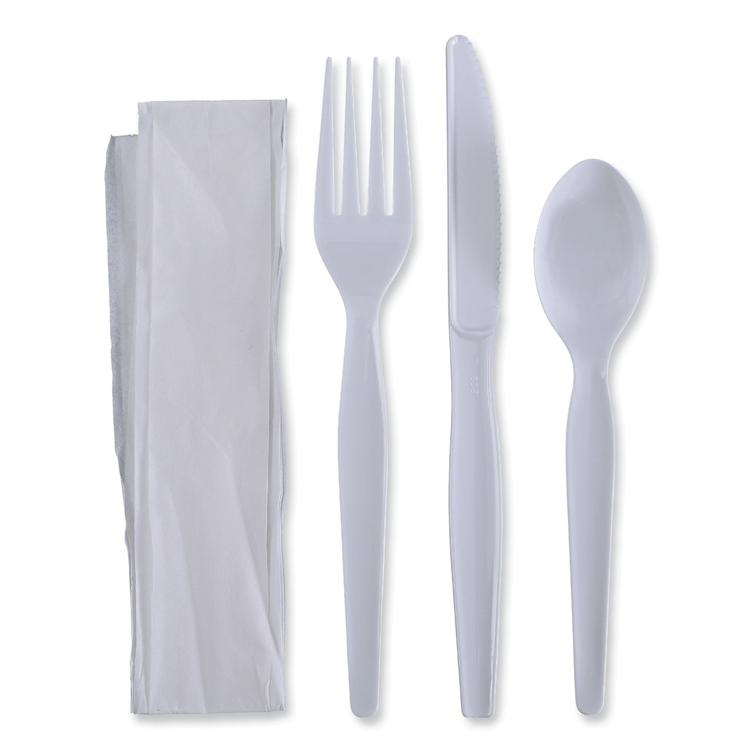 four-piece-cutlery-kit-fork-knife-napkin-teaspoon-heavyweight-white-250-carton_bwkfktnhwpswh - 1