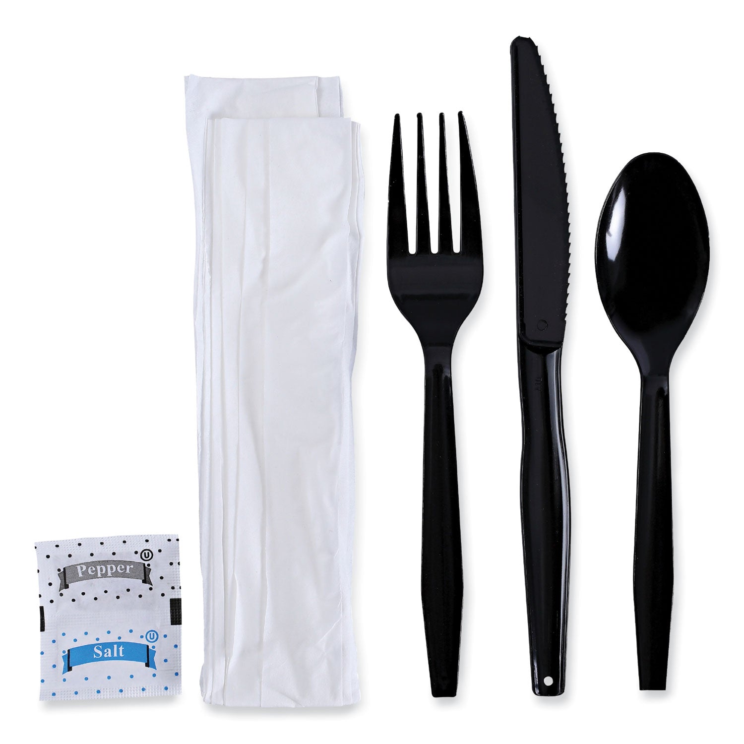 six-piece-cutlery-kit-condiment-fork-knife-napkin-teaspoon-black-250-carton_bwkfktnsmwpsbla - 1