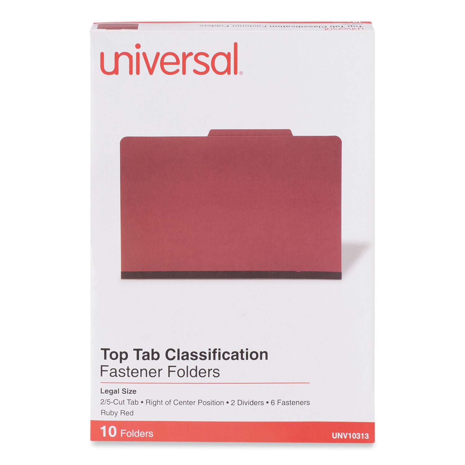 Bright Colored Pressboard Classification Folders, 2" Expansion, 2 Dividers, 6 Fasteners, Legal Size, Ruby Red, 10/Box -