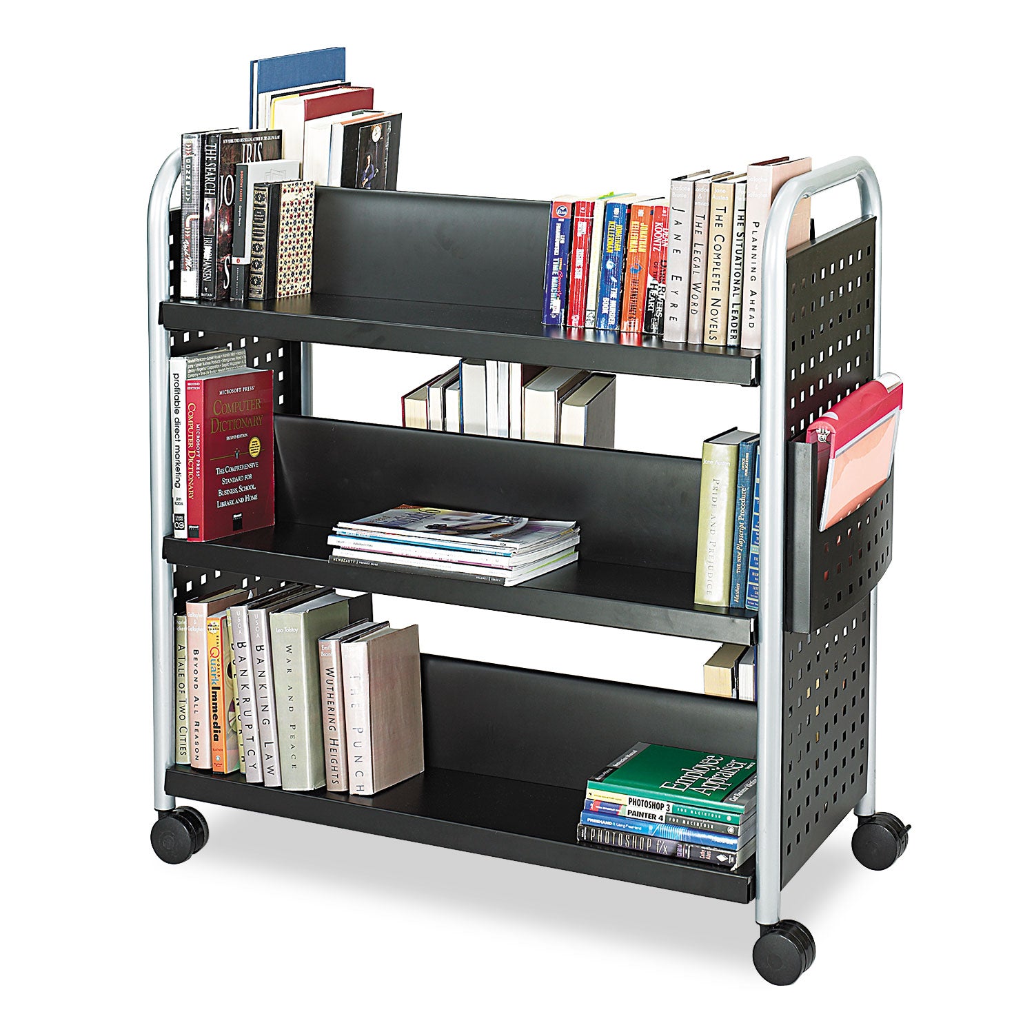 Scoot Double-Sided Book Cart, Metal, 6 Shelves, 1 Bin, 41.25" x 17.75" x 41.25", Black -