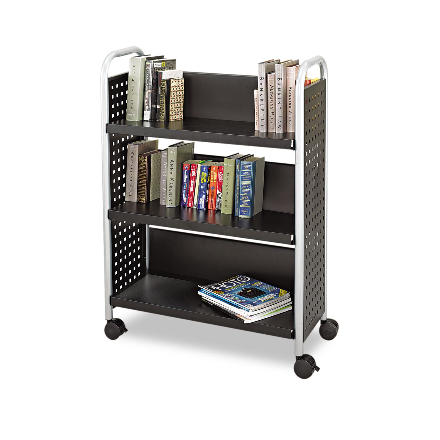 Scoot Single-Sided Book Cart, Metal, 3 Shelves, 33" x 14.25" x 44.25", Black -