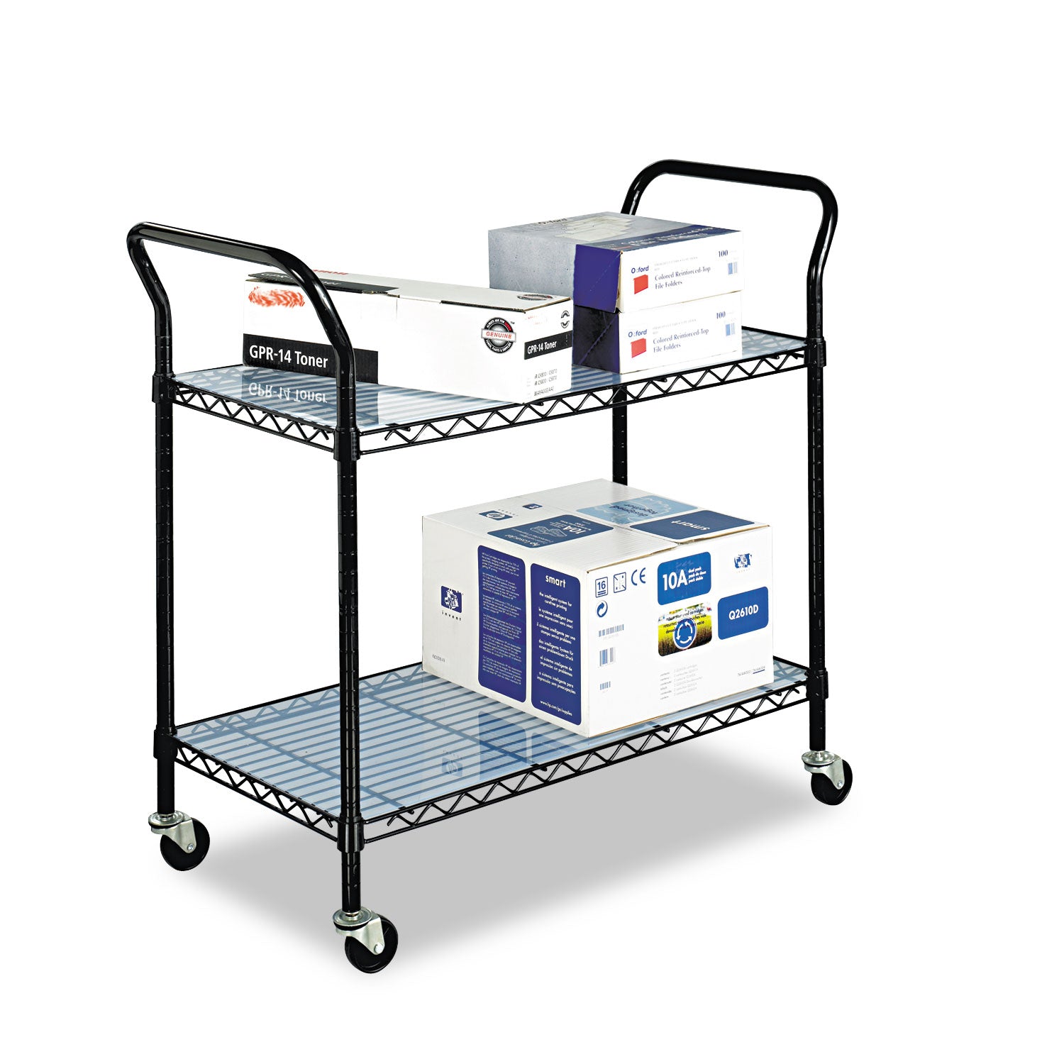 Wire Utility Cart, Metal, 2 Shelves, 400 lb Capacity, 43.75" x 19.25" x 40.5", Black -
