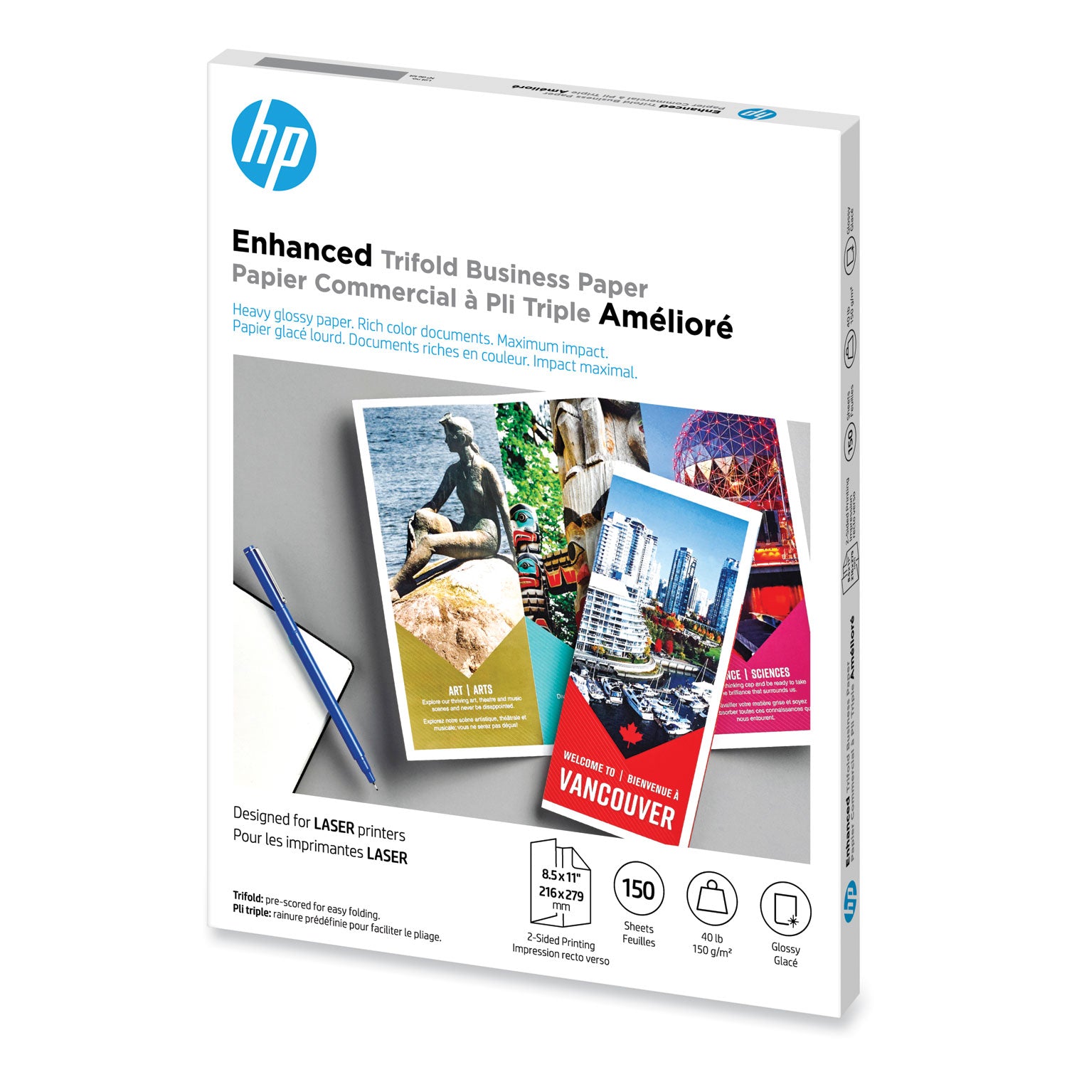 Laser Glossy Tri-Fold Brochure Paper, 97 Bright, 40 lb Bond Weight, 8.5 x 11, White, 150/Pack -