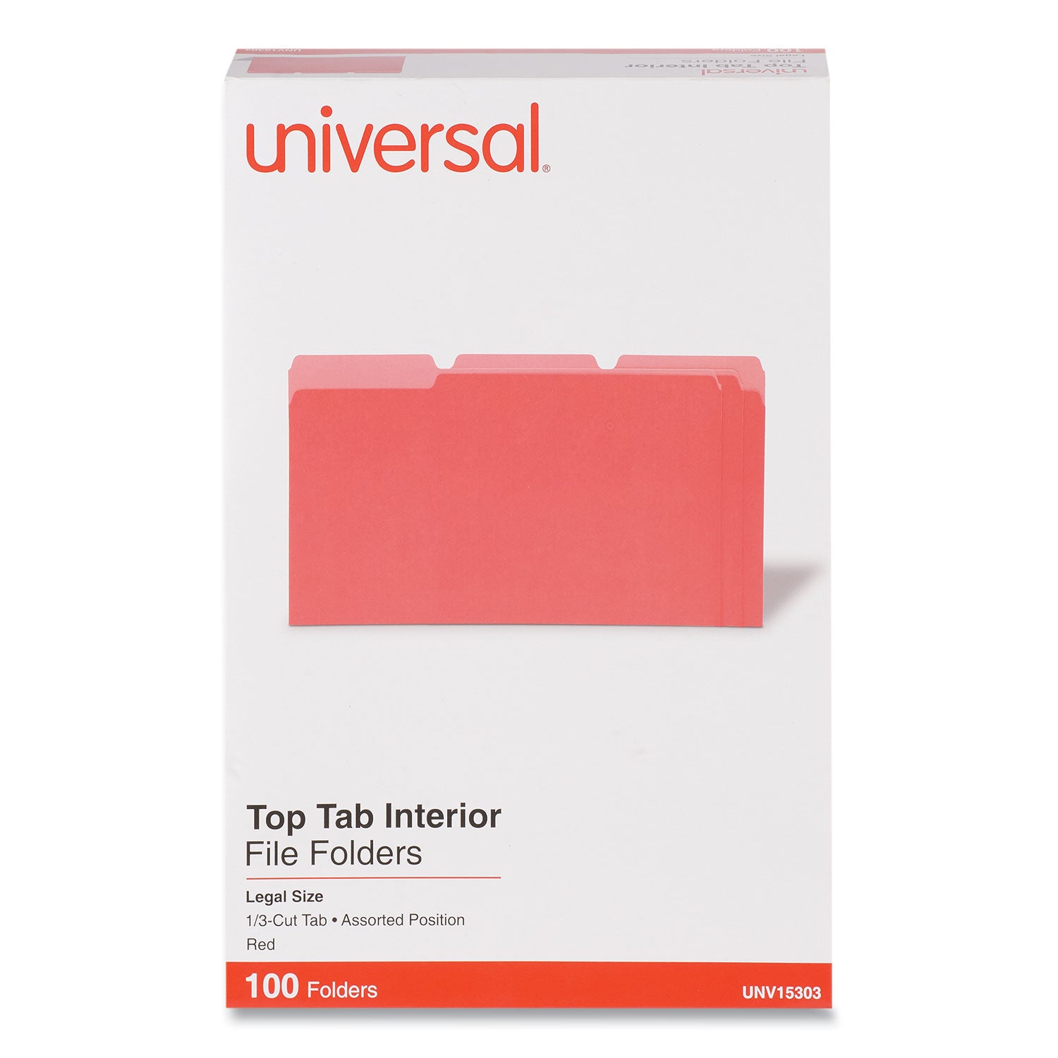 Interior File Folders, 1/3-Cut Tabs: Assorted, Legal Size, 11-pt Stock, Red, 100/Box -